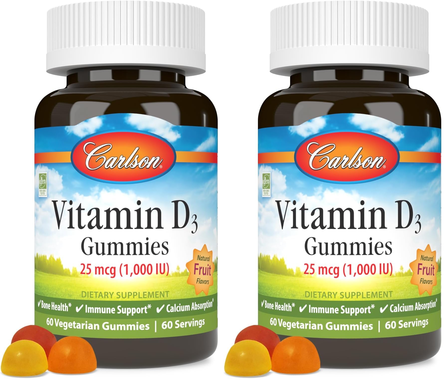 Carlson Vitamin D3 Gummies 1000 IU – Bone Health & Immune Support (Pack of 2, 60 Veg Gummies)