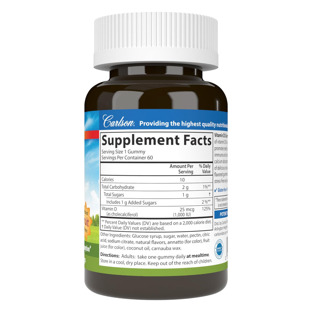 Carlson Vitamin D3 Gummies 1000 IU (25 mcg) – Bone Health, Immune Support & Calcium Absorption | 60 Vegetarian Gummies