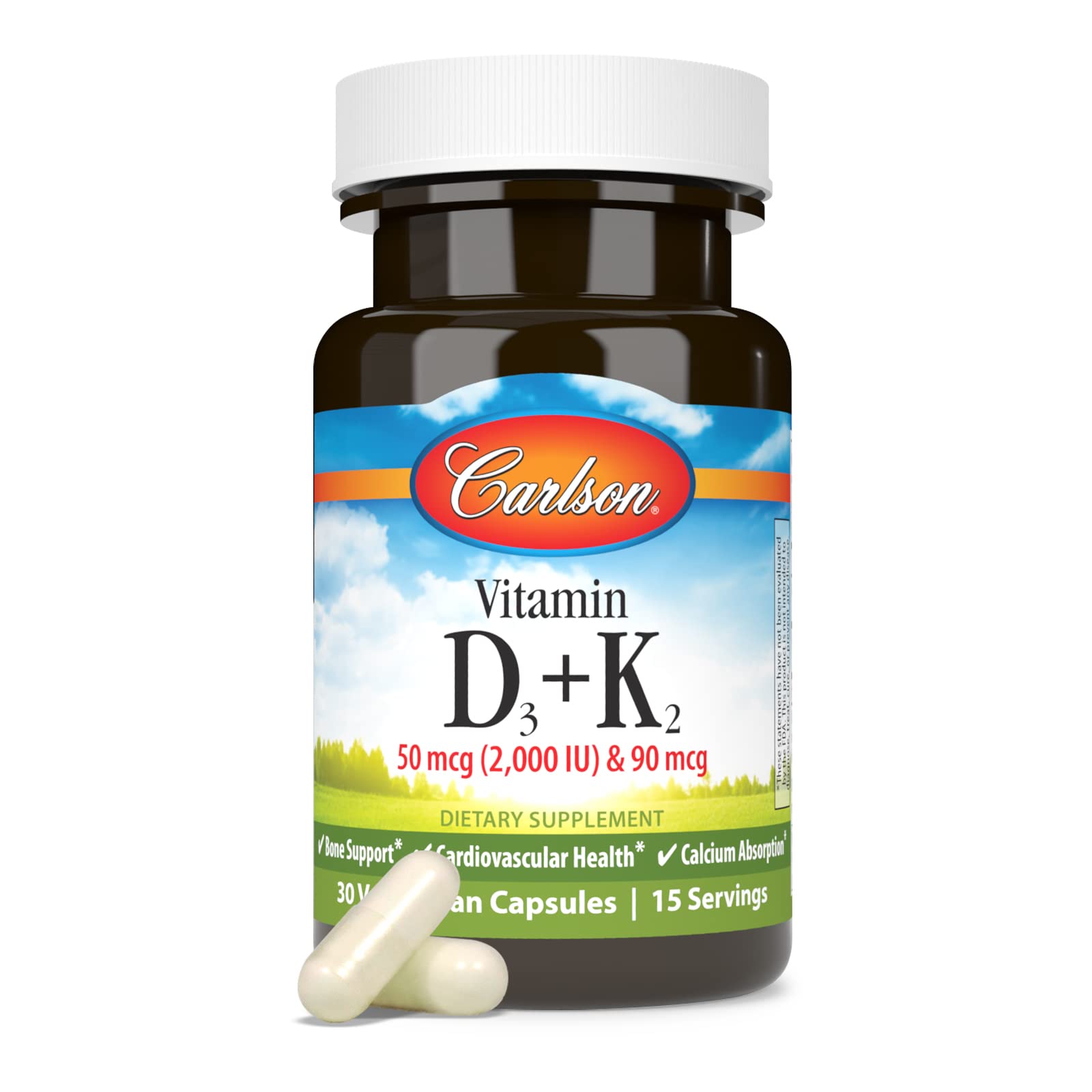 Carlson Vitamin D3 + K2 (50 mcg/2000 IU) – Bone Support, 30 Capsules