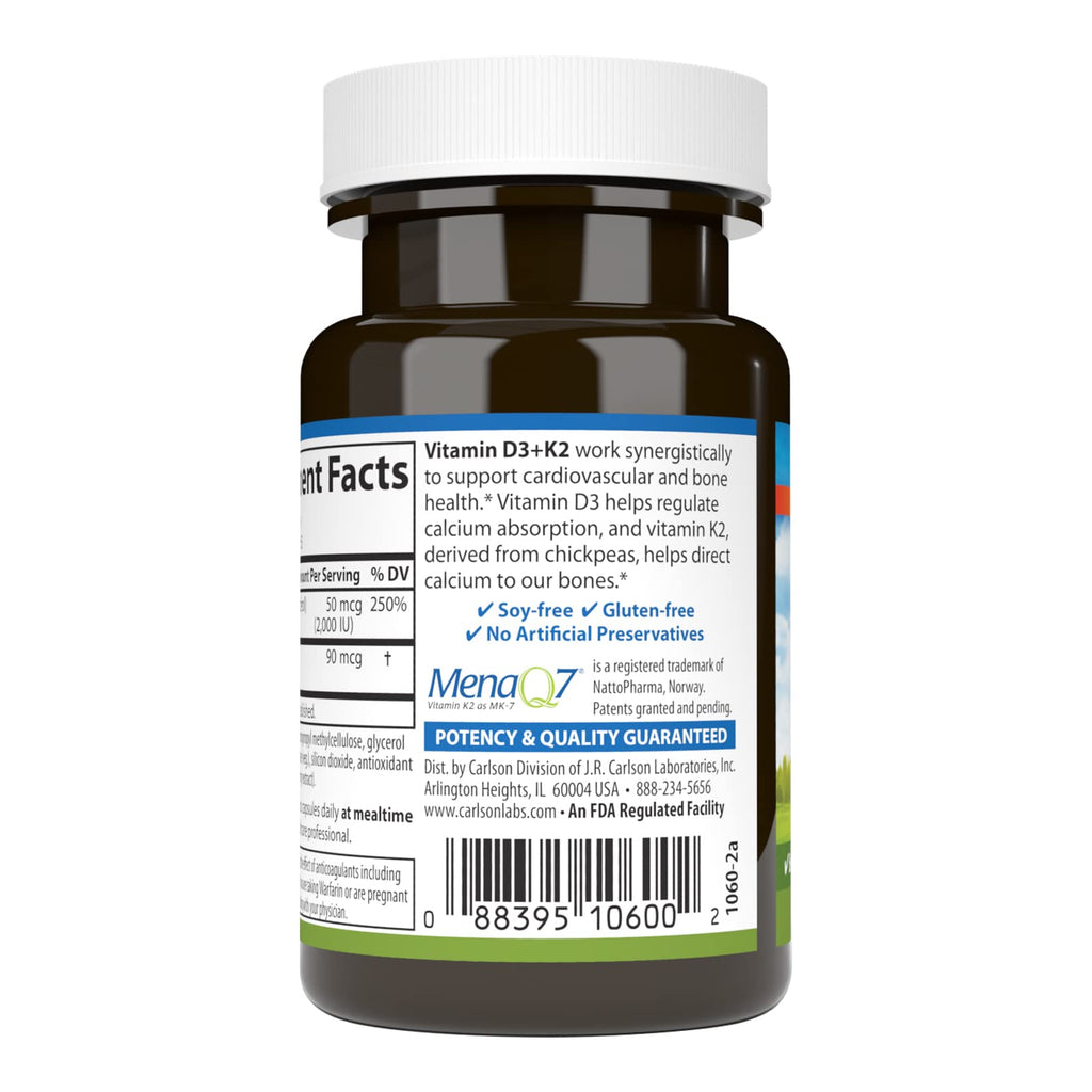 Carlson Vitamin D3 + K2 (50 mcg/2000 IU) – Bone Support, 30 Capsules