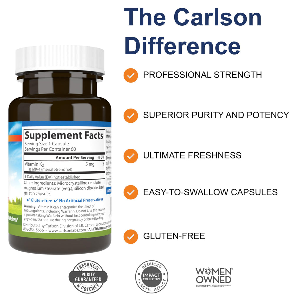 Carlson Vitamin K2 MK-4 (Menatetrenone) – 60 Soy-Free Capsules, Bone & Heart Health