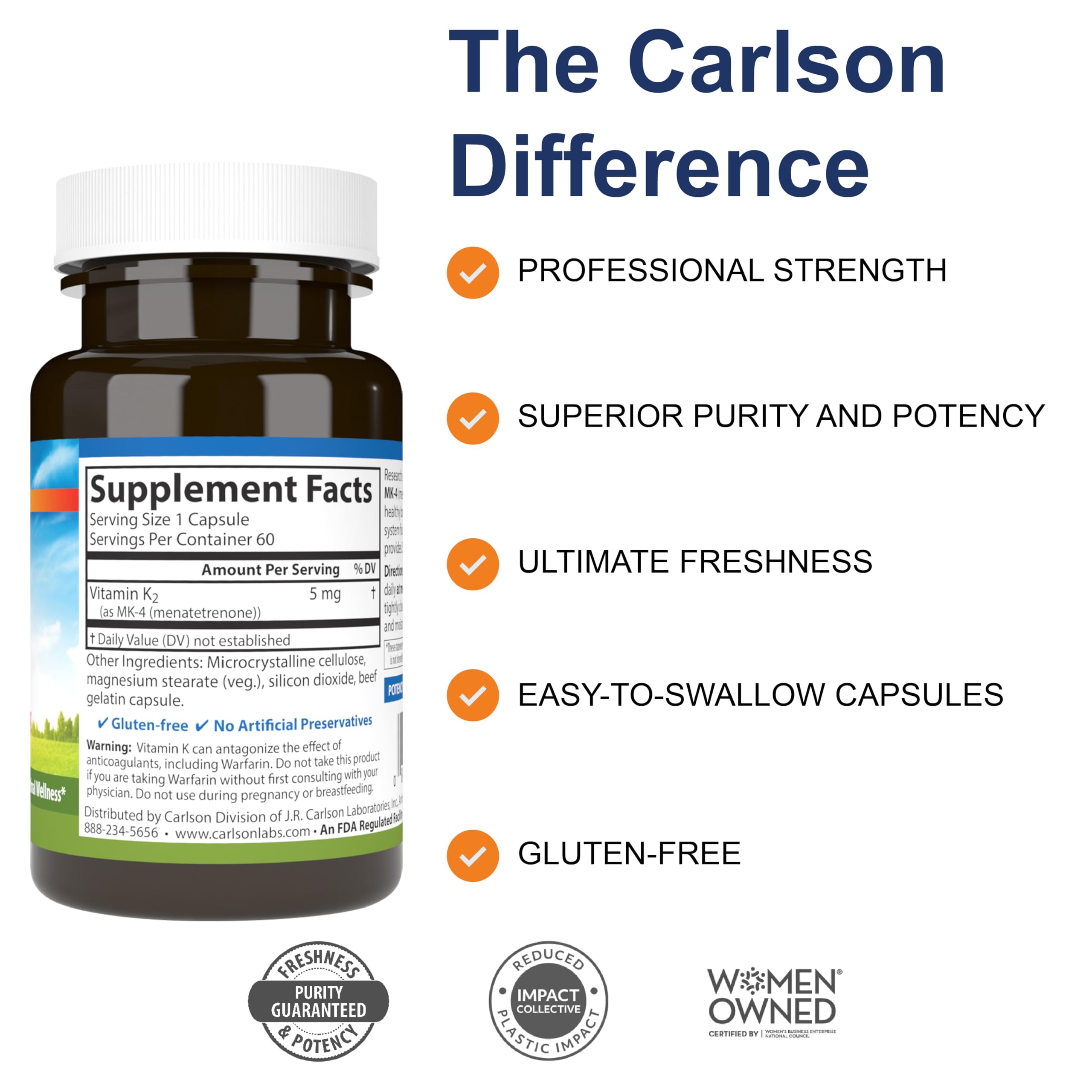 Carlson Vitamin K2 MK-4 (Menatetrenone) – 60 Soy-Free Capsules, Bone & Heart Health