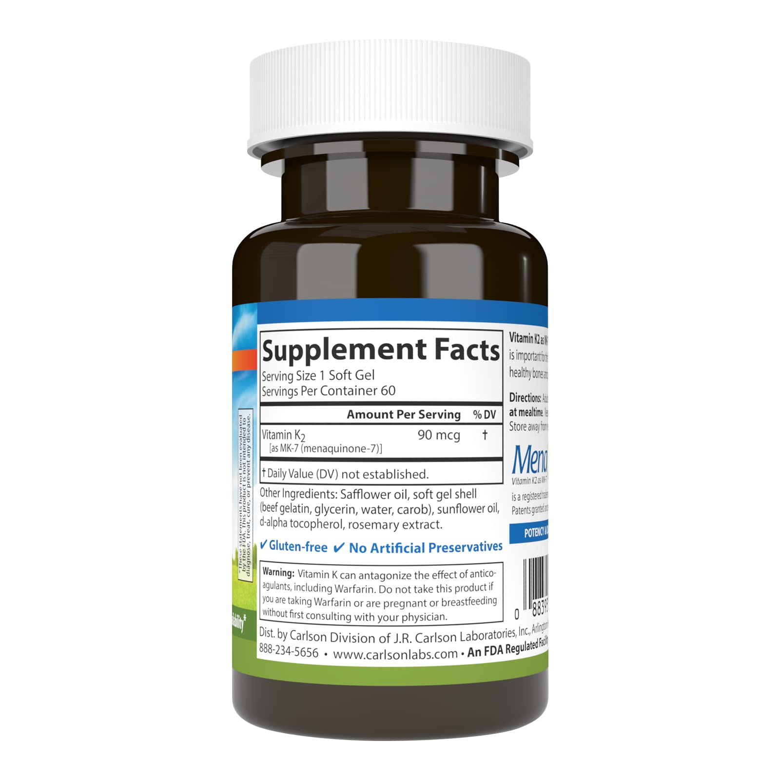Carlson - Vitamin K2 MK-7 (Menaquinone), 90 mcg, Bone Support, Calcium Bioavailability, K2 Vitamin, Vitamin K-2, 60 Softgels