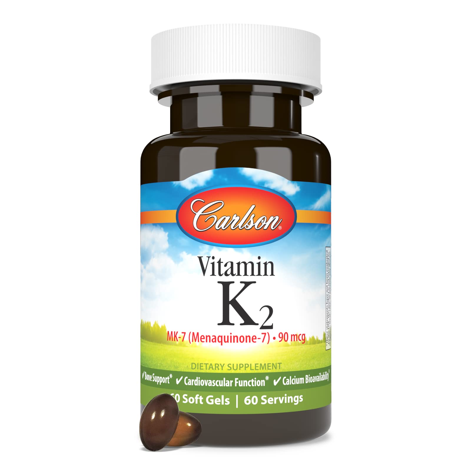 Carlson - Vitamin K2 MK-7 (Menaquinone), 90 mcg, Bone Support, Calcium Bioavailability, K2 Vitamin, Vitamin K-2, 60 Softgels