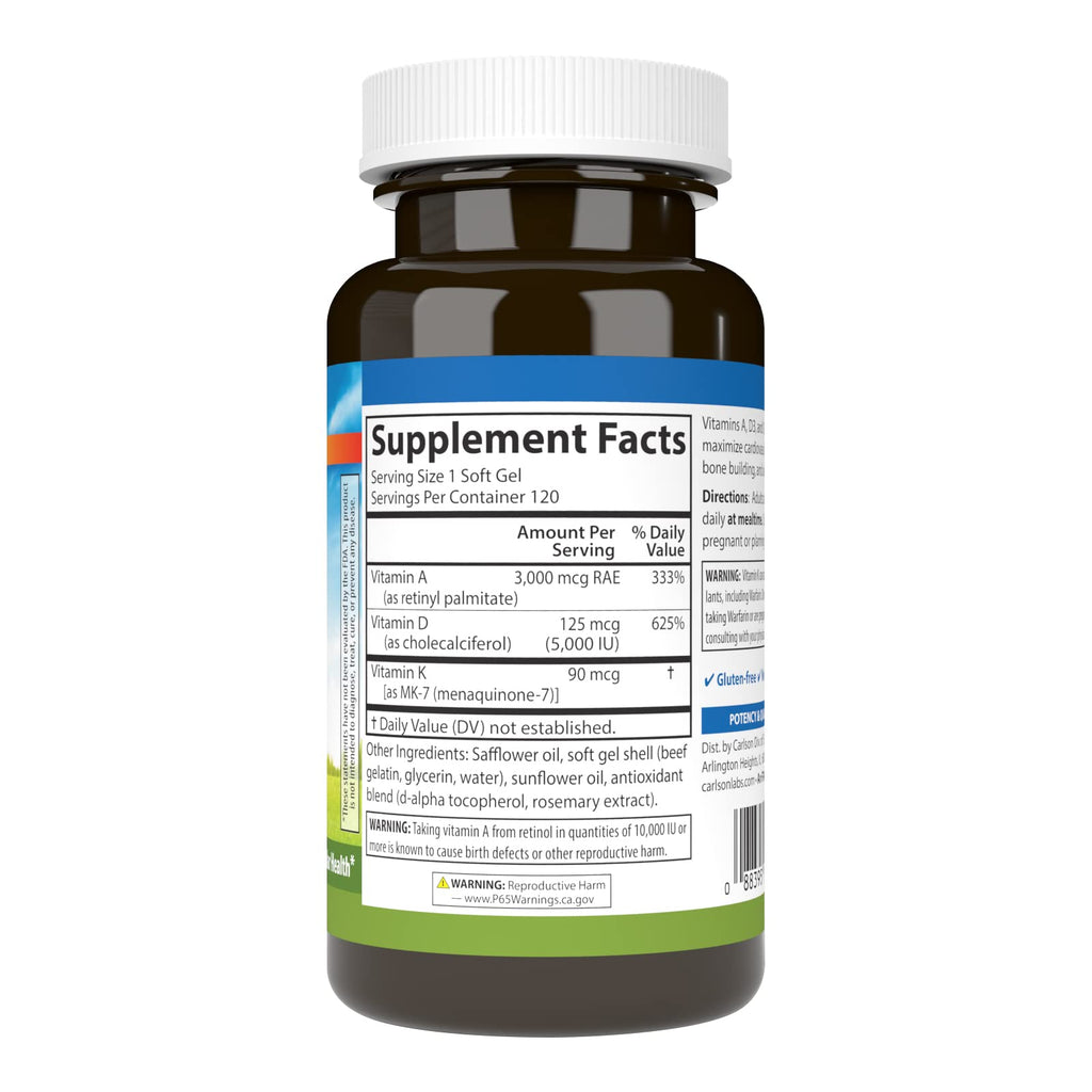 Carlson Vitamins A, D3, K2 3000 mcg RAE A, 125 mcg D3, 90 mcg K2 MK-7 | 120 Soft Gels