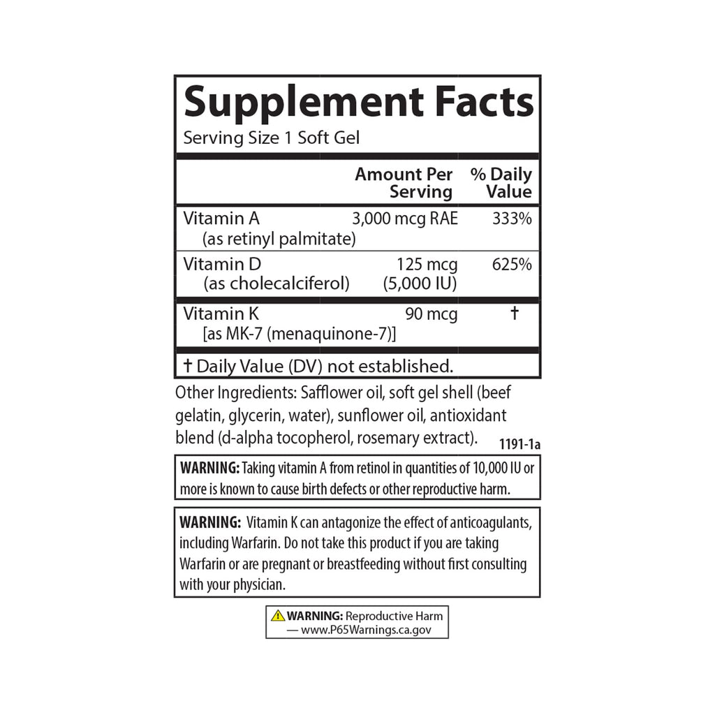 Carlson Vitamins A, D3, K2 3000 mcg RAE A, 125 mcg D3, 90 mcg K2 MK-7 | 120 Soft Gels