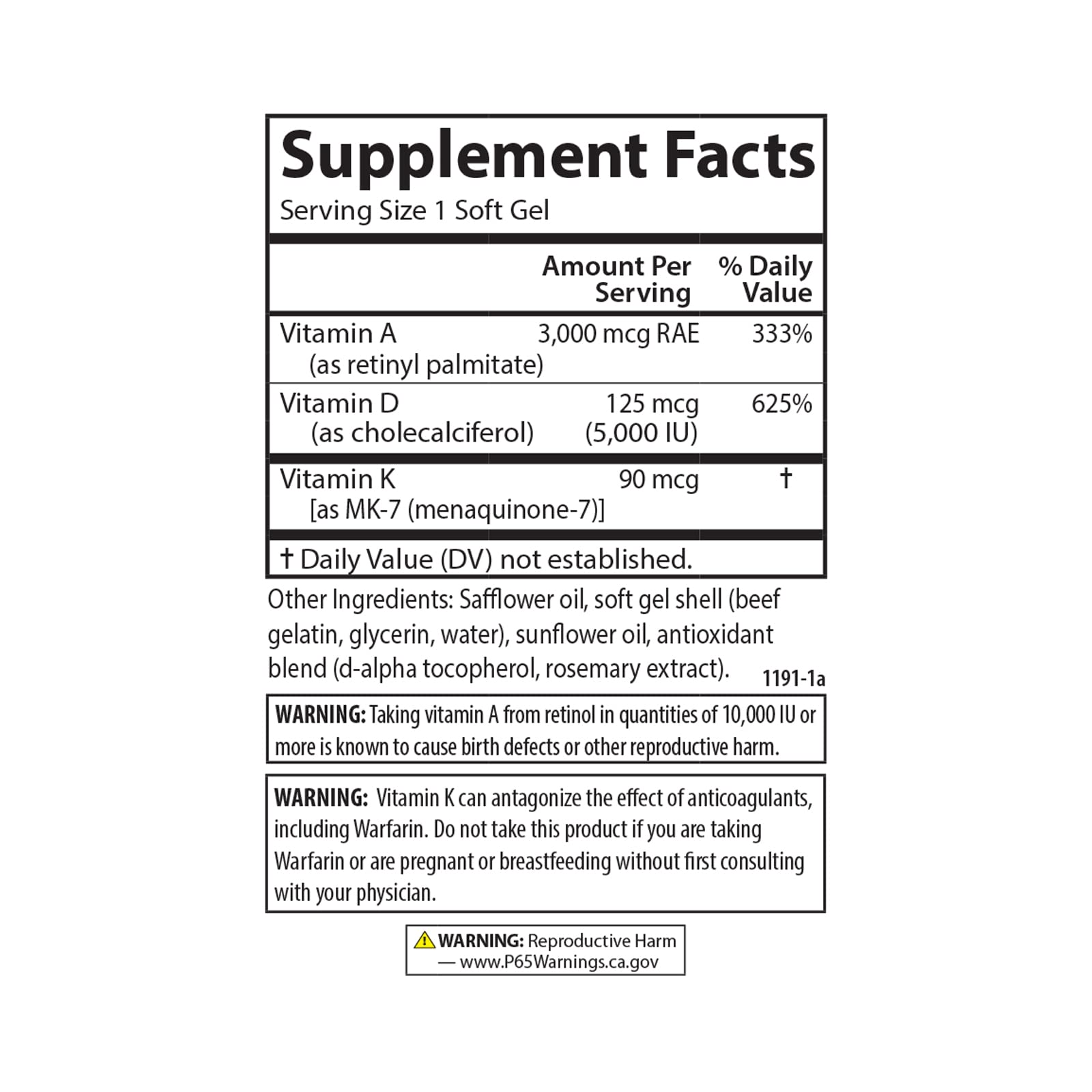Carlson Vitamins A, D3, K2 3000 mcg RAE A, 125 mcg D3, 90 mcg K2 MK-7 | 120 Soft Gels