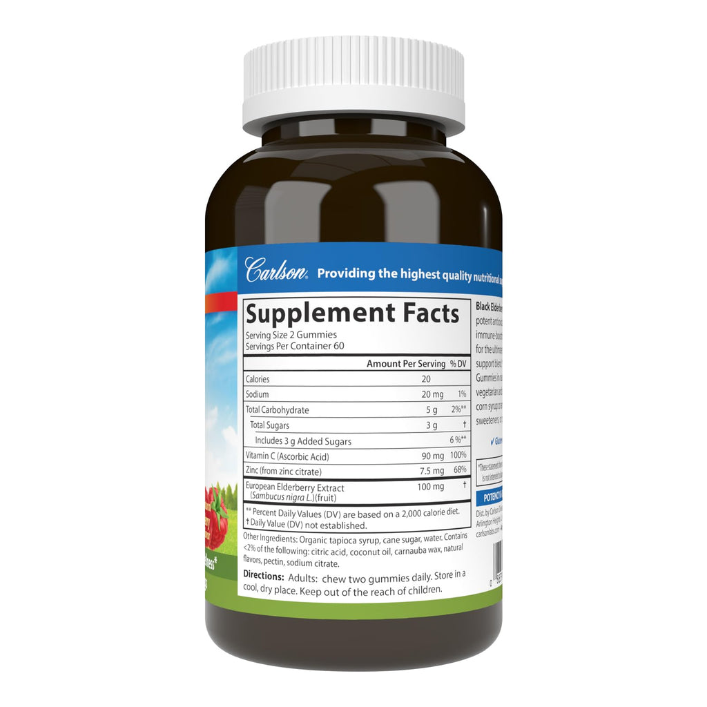 Carlson Black Elderberry Gummies with Vitamin C & Zinc | Immune Support | 120 Gummies
