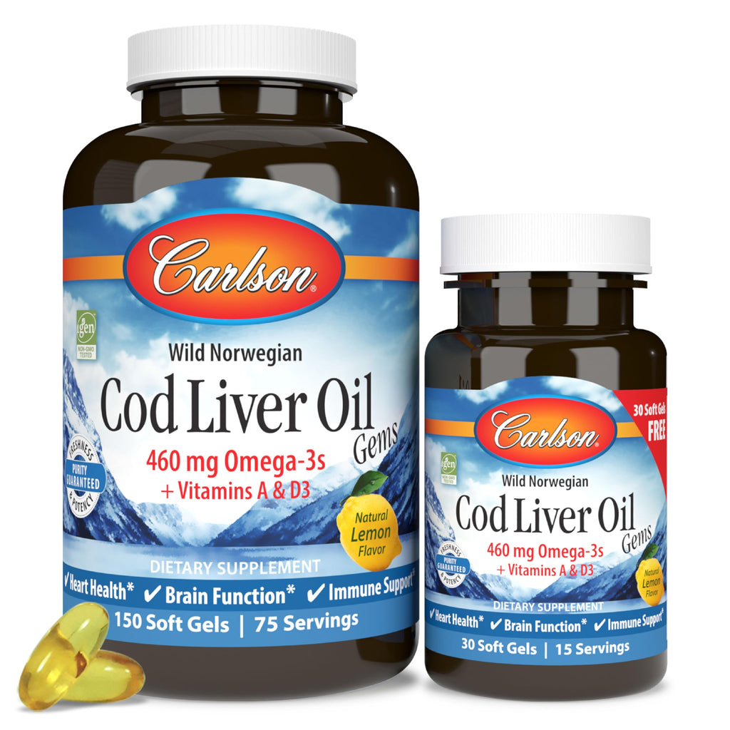 Carlson Cod Liver Oil Gems 460 mg Omega-3s + Vitamins A & D3 – Lemon – 150 + 30 Softgels