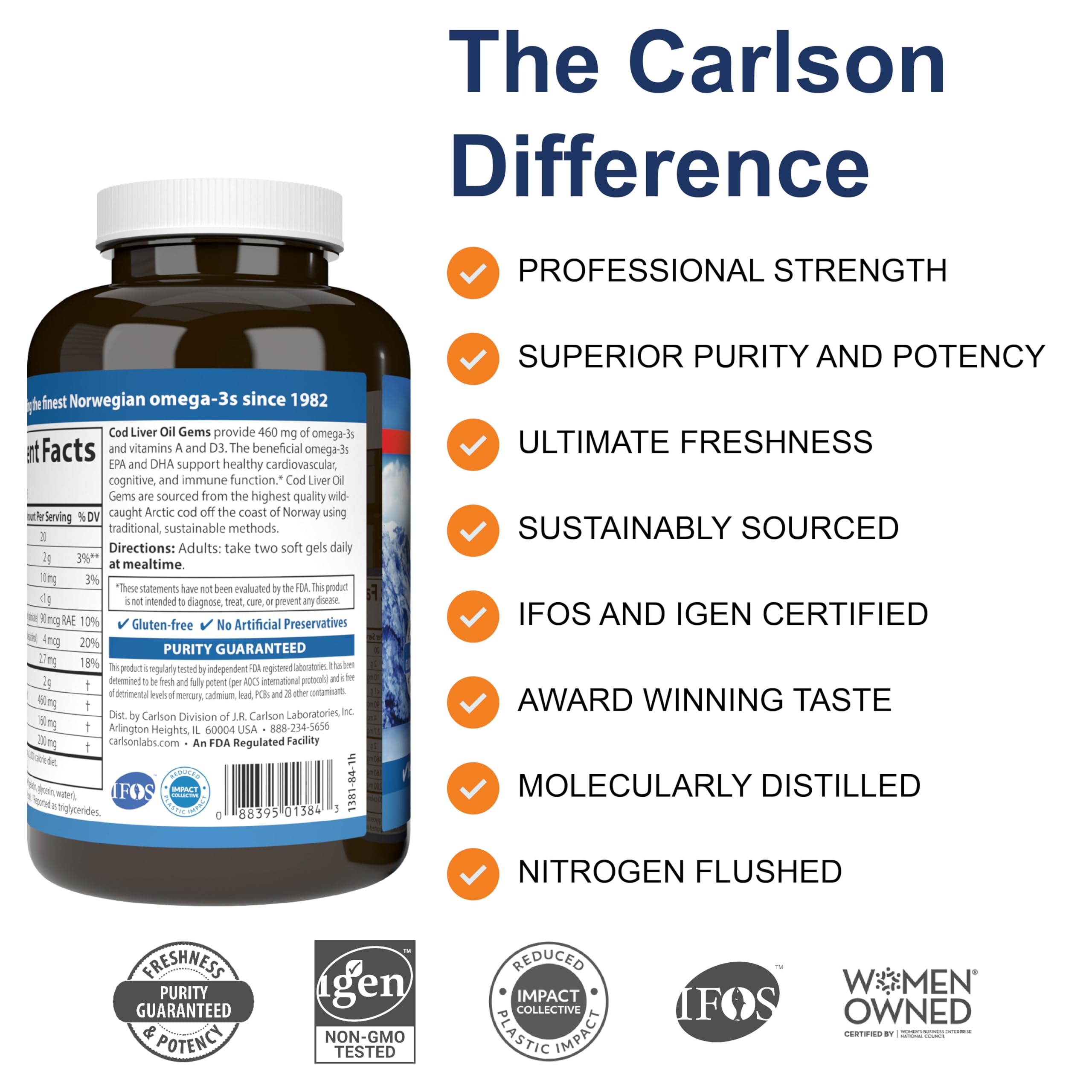 Carlson Cod Liver Oil Gems 460 mg Omega-3s + Vitamins A & D3 – Lemon – 150 + 30 Softgels