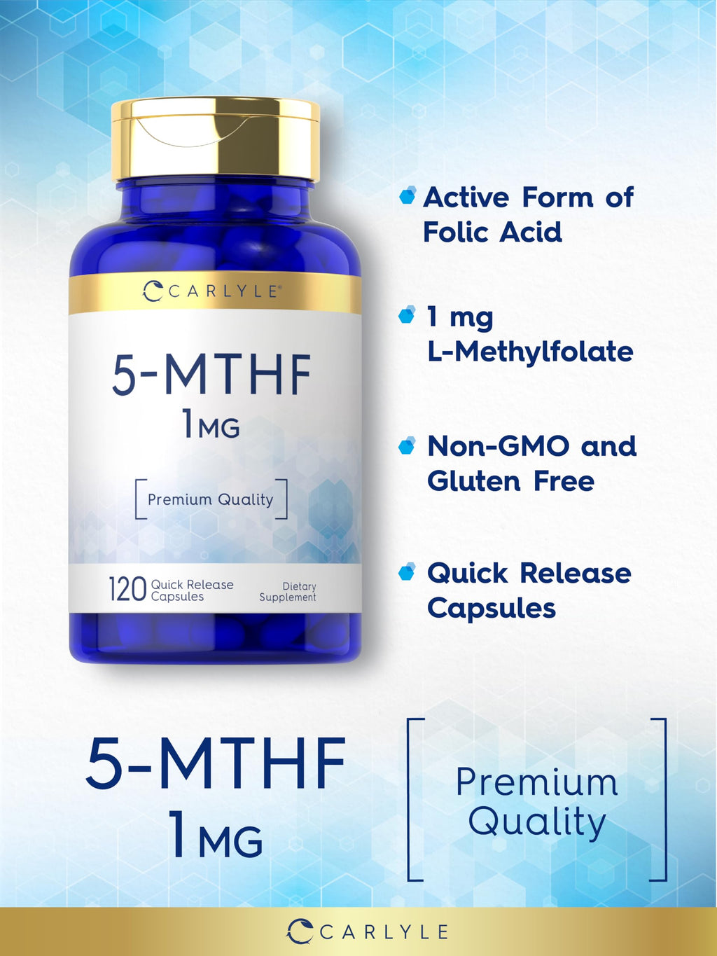 Carlyle 5-MTHF L-Methylfolate 1mg – 120 Capsules, Non-GMO & Gluten Free