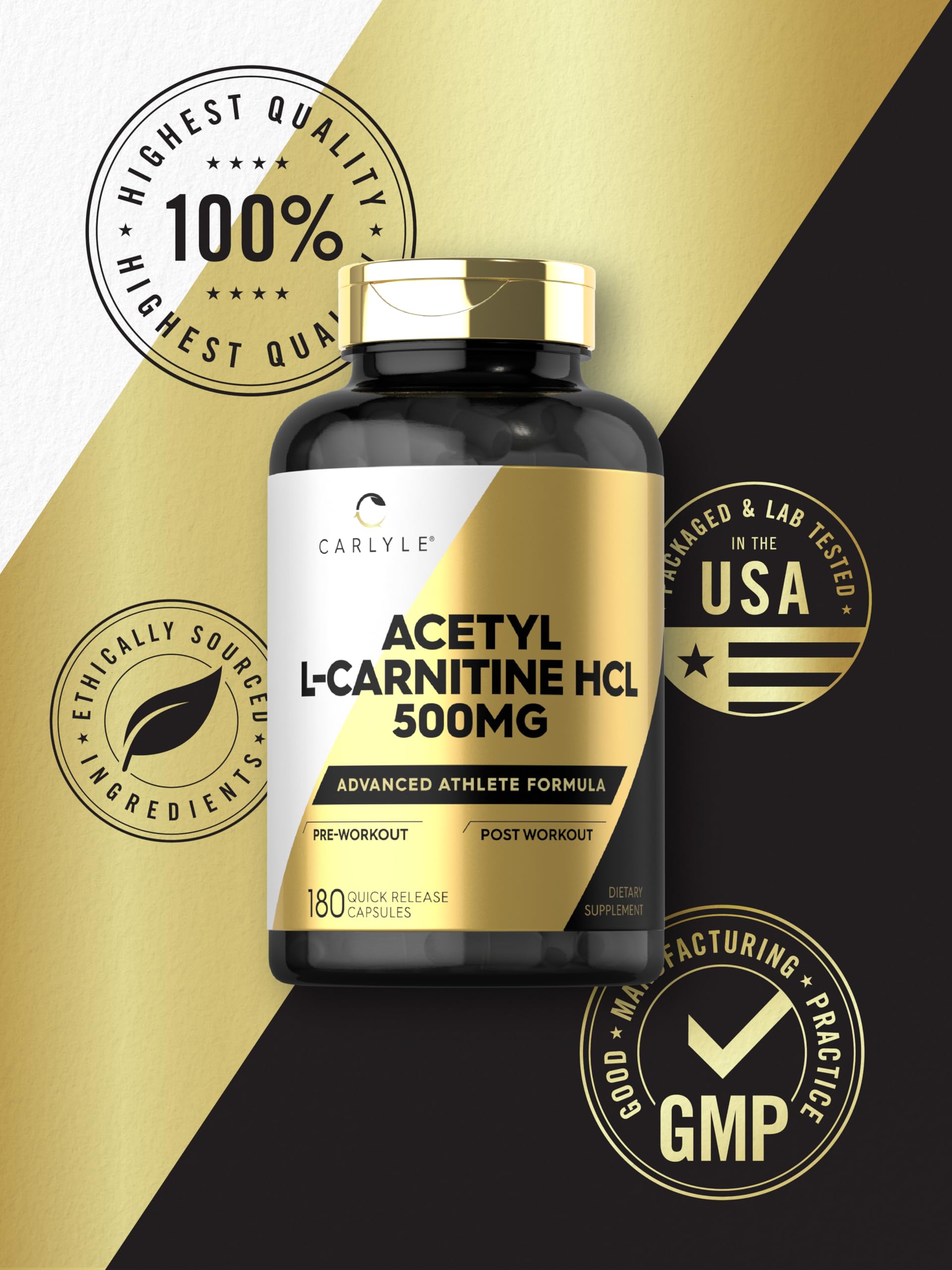 Carlyle Acetyl L-Carnitine HCl 500mg | 180 Count Capsules | Non-GMO & Gluten Free | Advanced Athlete Formula