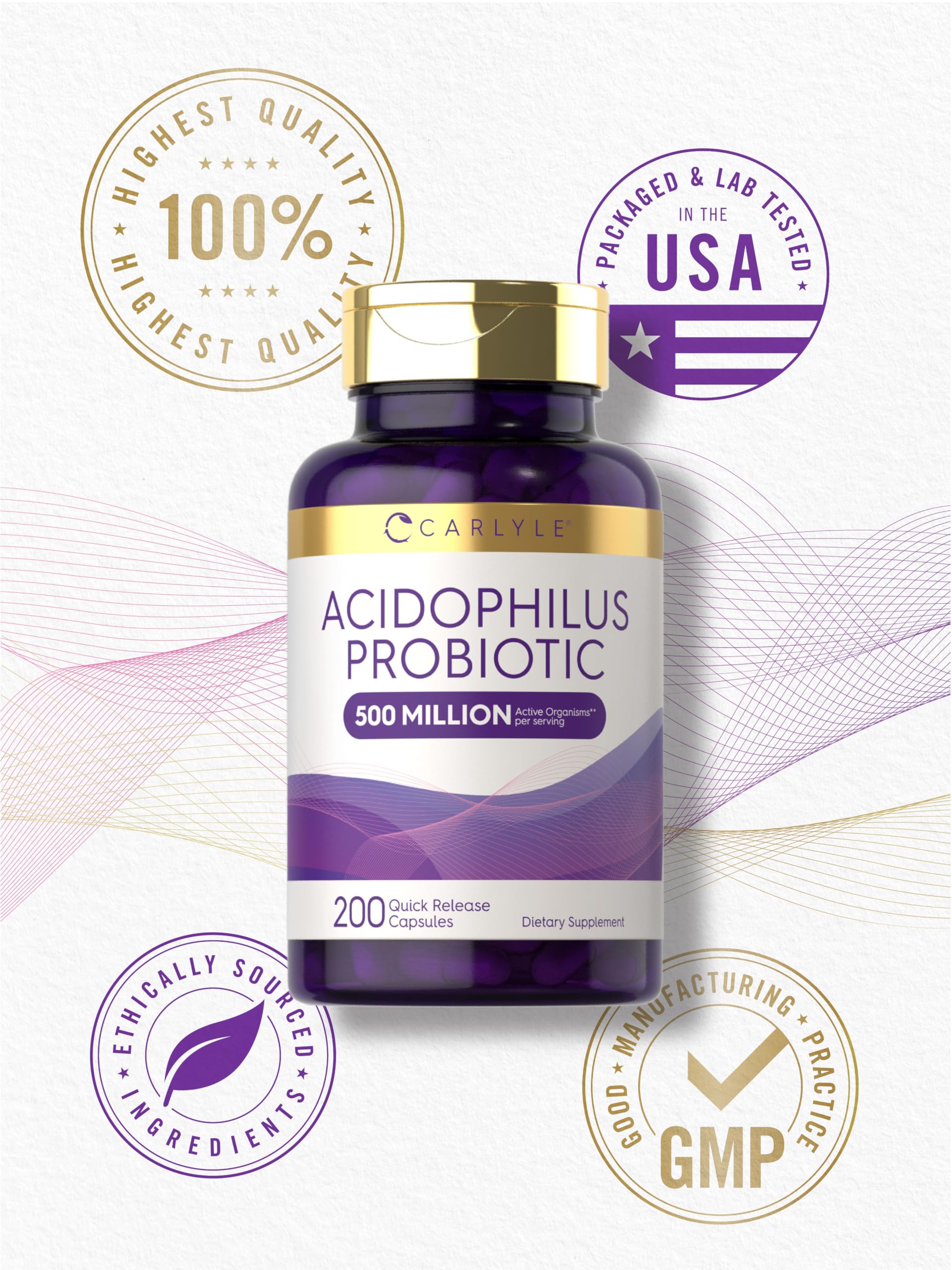 Carlyle Acidophilus Probiotic Capsules – 500M CFU, 200 Pills | Non-GMO & Gluten Free