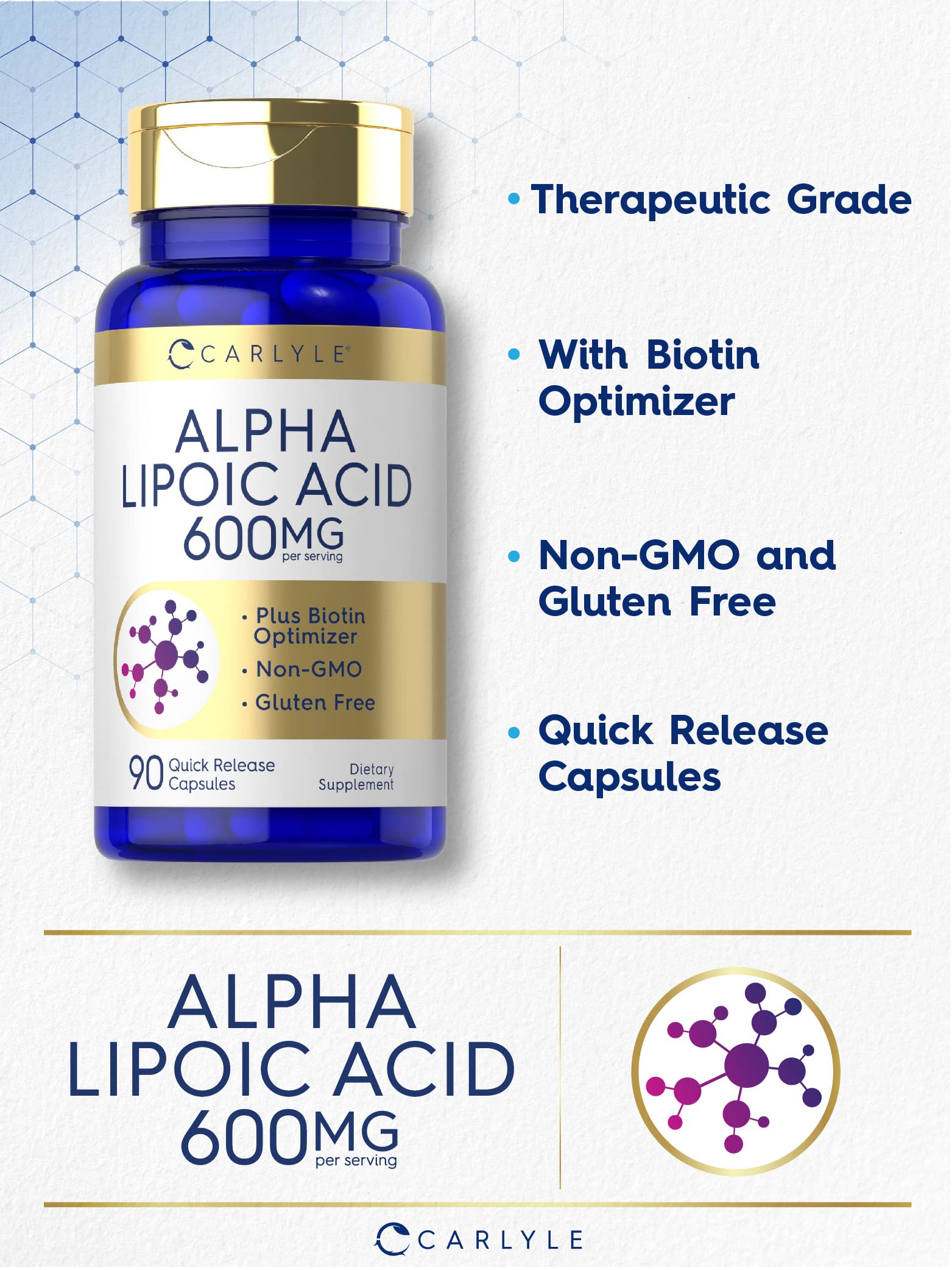 Carlyle Alpha Lipoic Acid 600mg + Biotin Optimizer | 90 Capsules | Non-GMO & Gluten Free