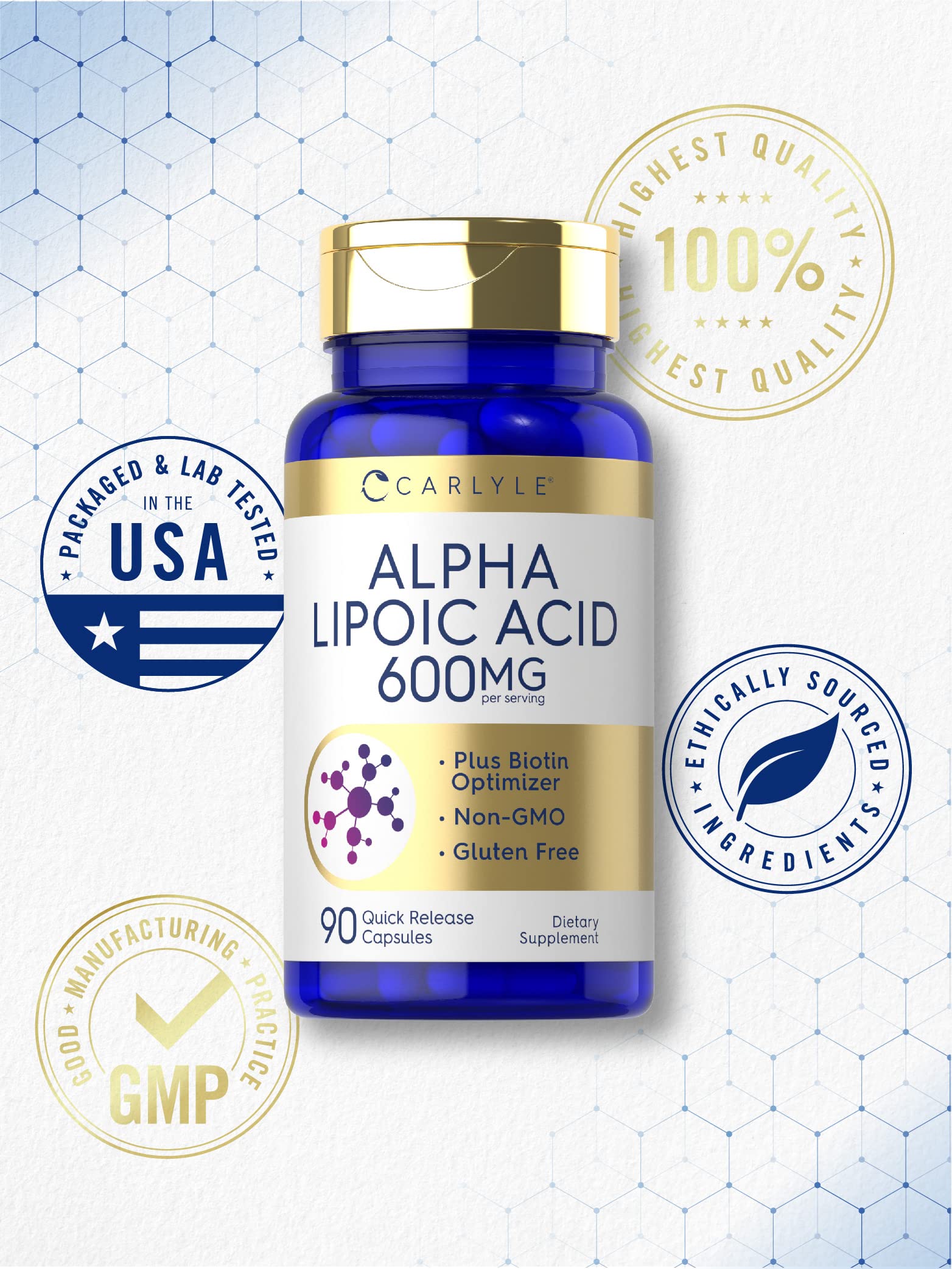 Carlyle Alpha Lipoic Acid 600mg + Biotin Optimizer | 90 Capsules | Non-GMO & Gluten Free
