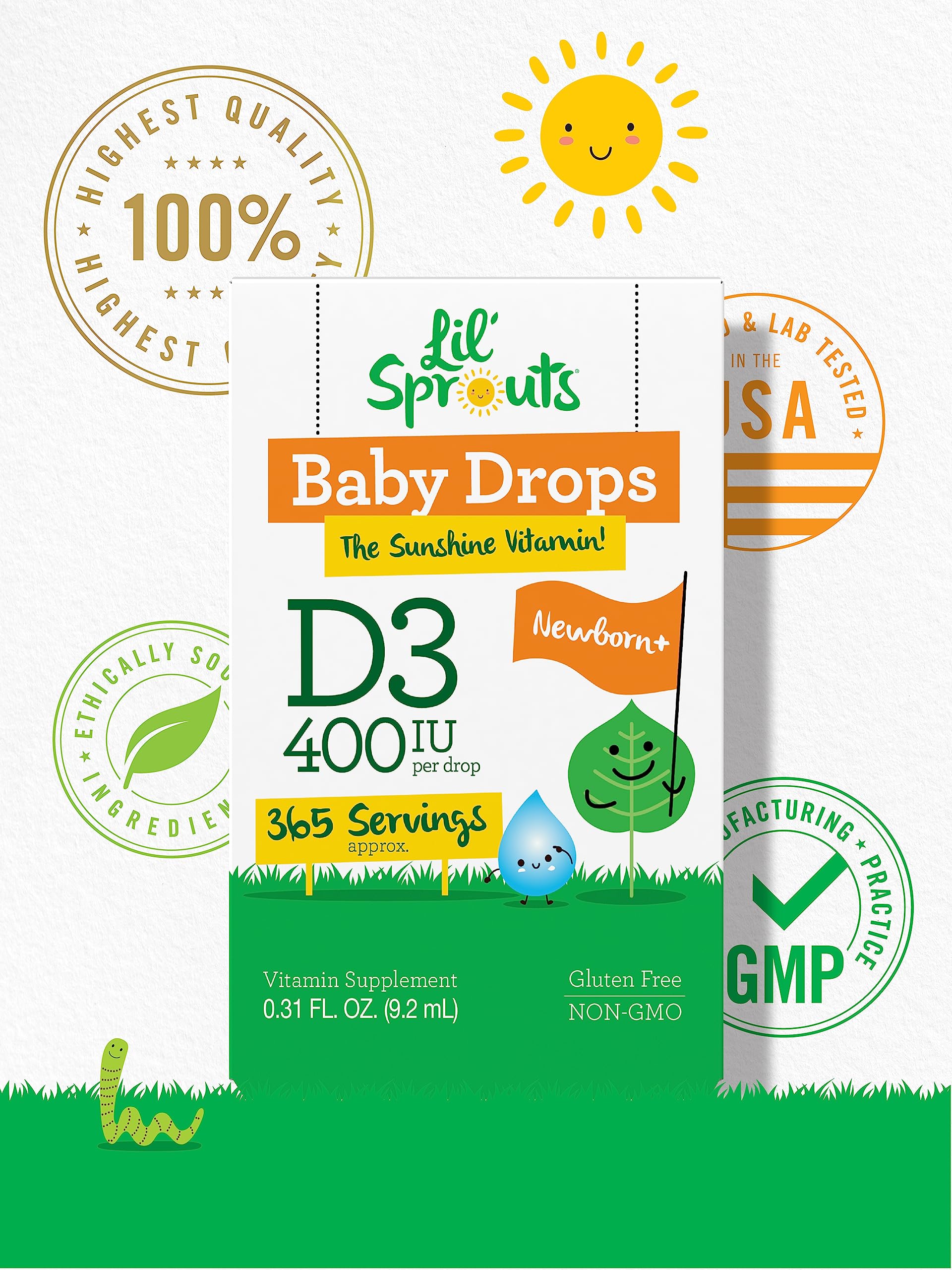 Carlyle Baby Vitamin D3 Drops 400 IU | 365 Servings | Vegetarian, Non-GMO, Gluten Free | Lil' Sprouts
