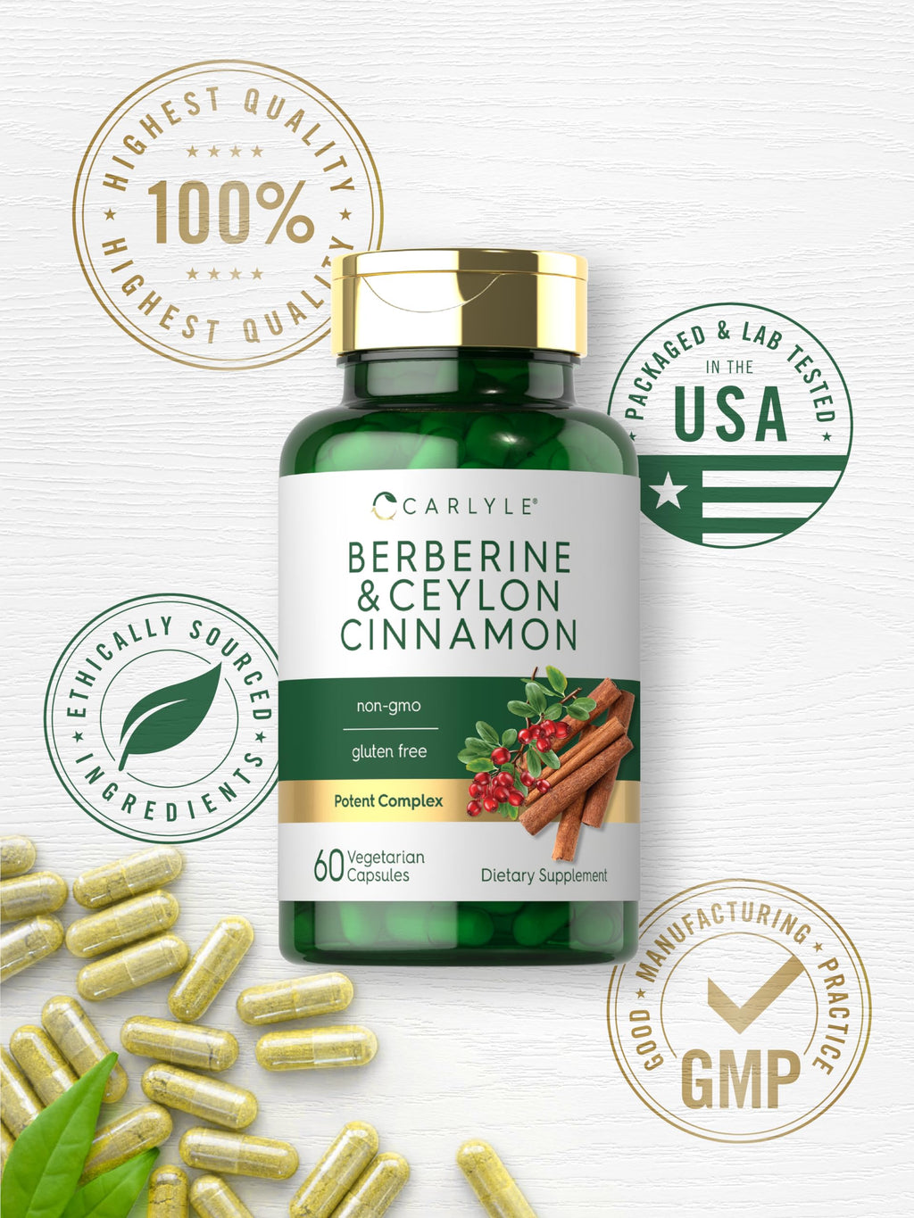 Carlyle Berberine with Ceylon Cinnamon - 2000mg Complex, 60 Capsules | Vegetarian, Non-GMO, Gluten Free