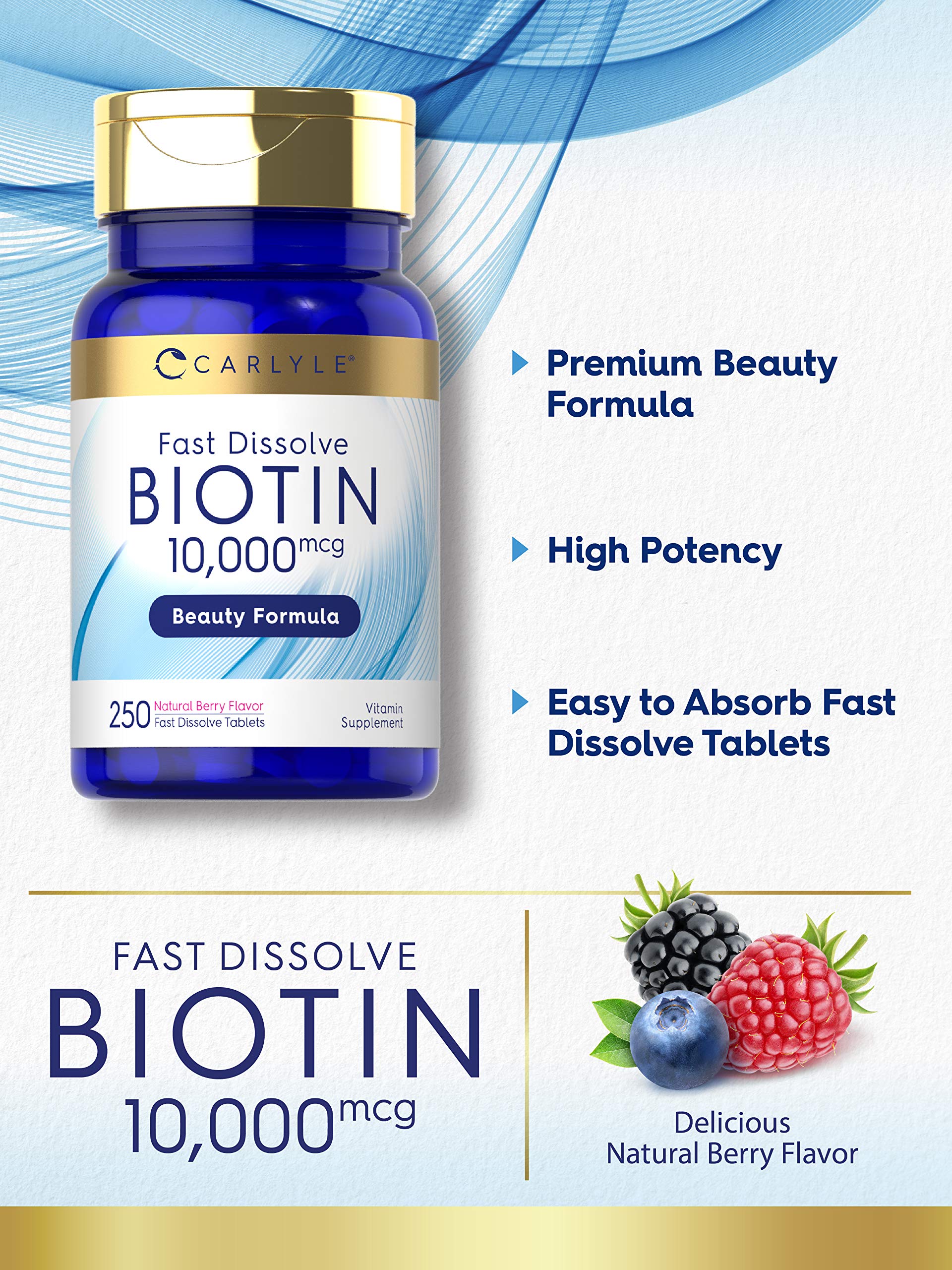 Carlyle Biotin 10000mcg | 250 Fast-Dissolve Tablets | Pack of 2