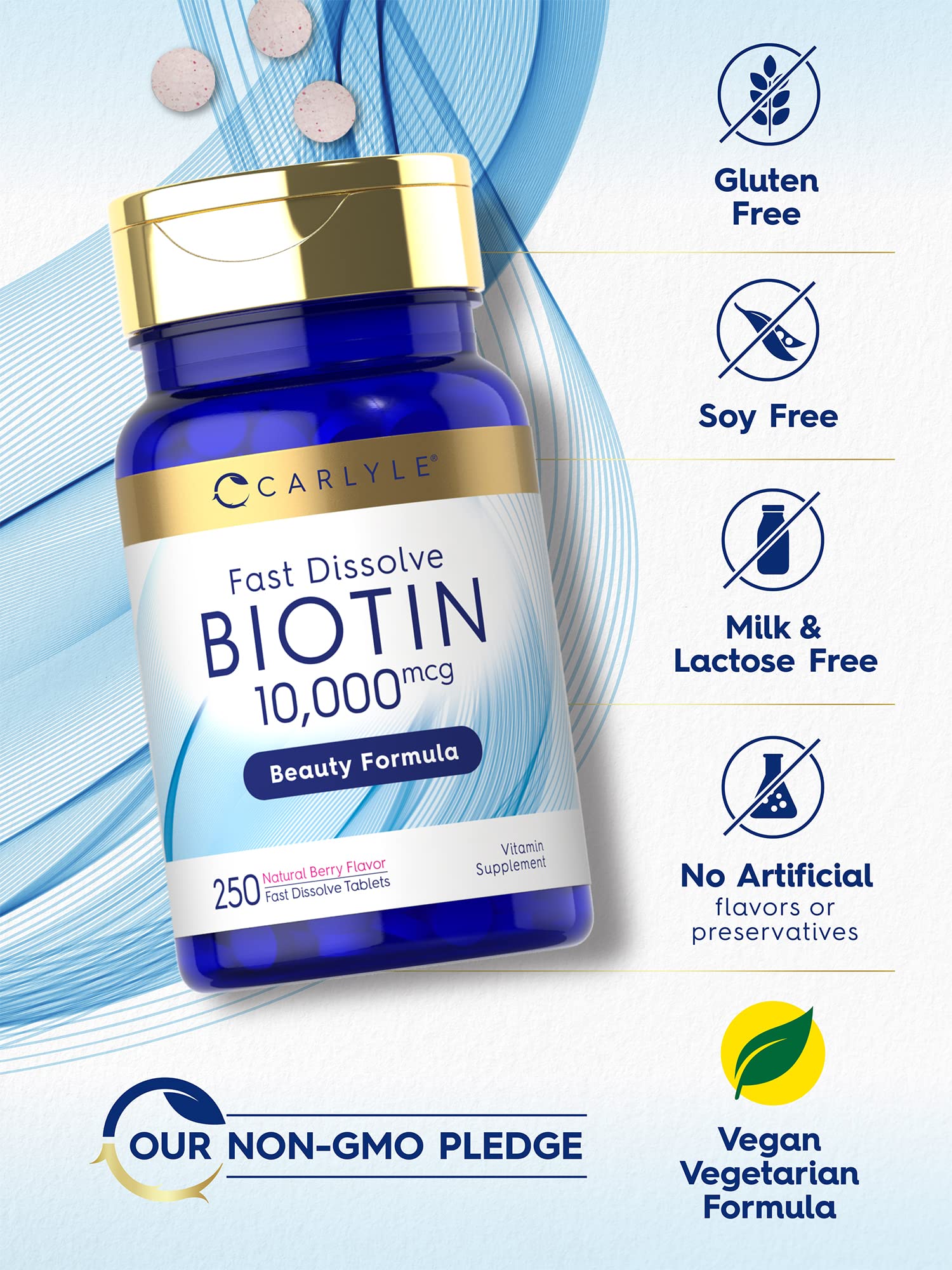 Carlyle Biotin 10000mcg | 250 Fast-Dissolve Tablets | Pack of 2