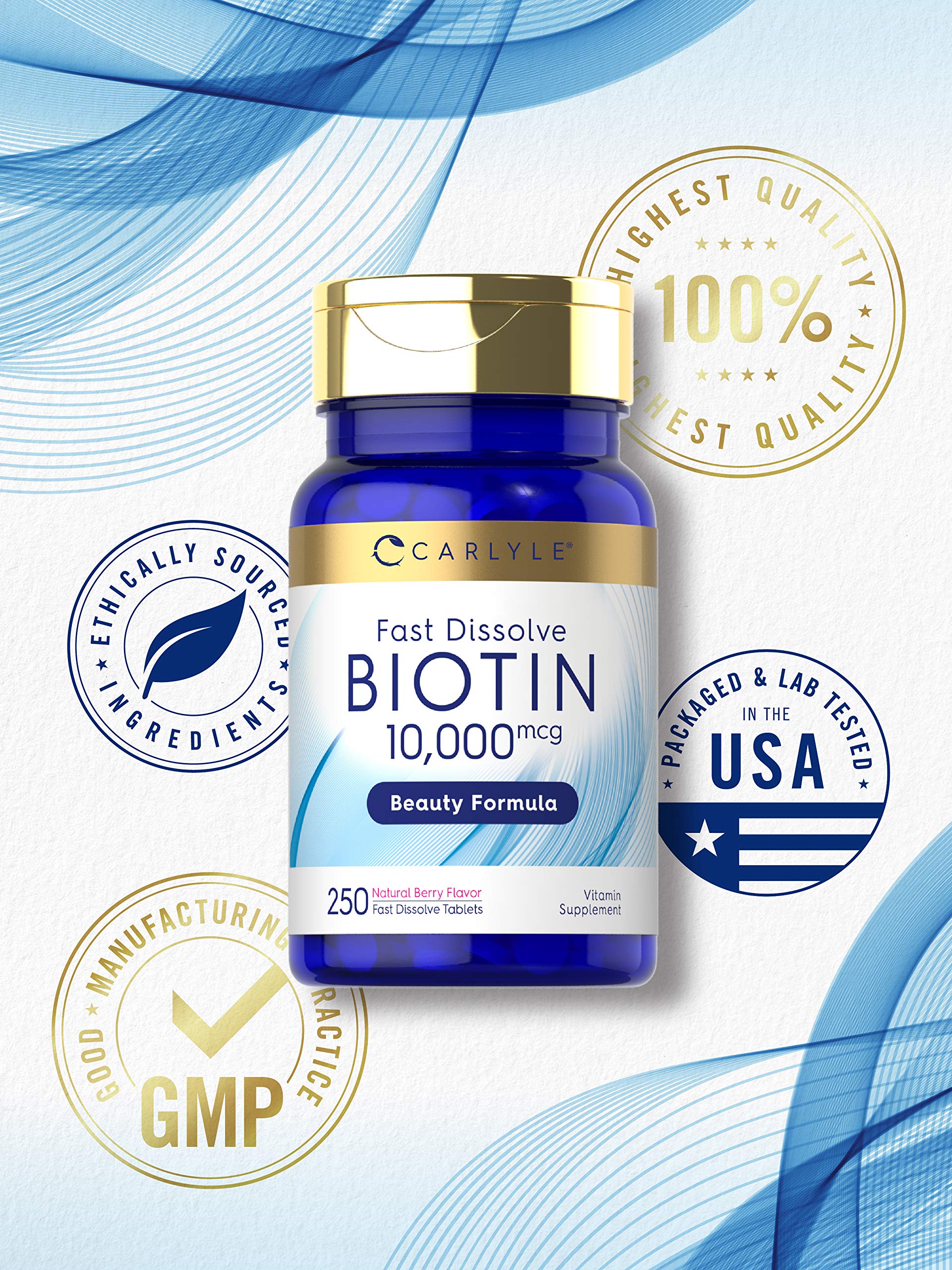 Carlyle Biotin 10000mcg | 250 Fast-Dissolve Tablets | Pack of 2