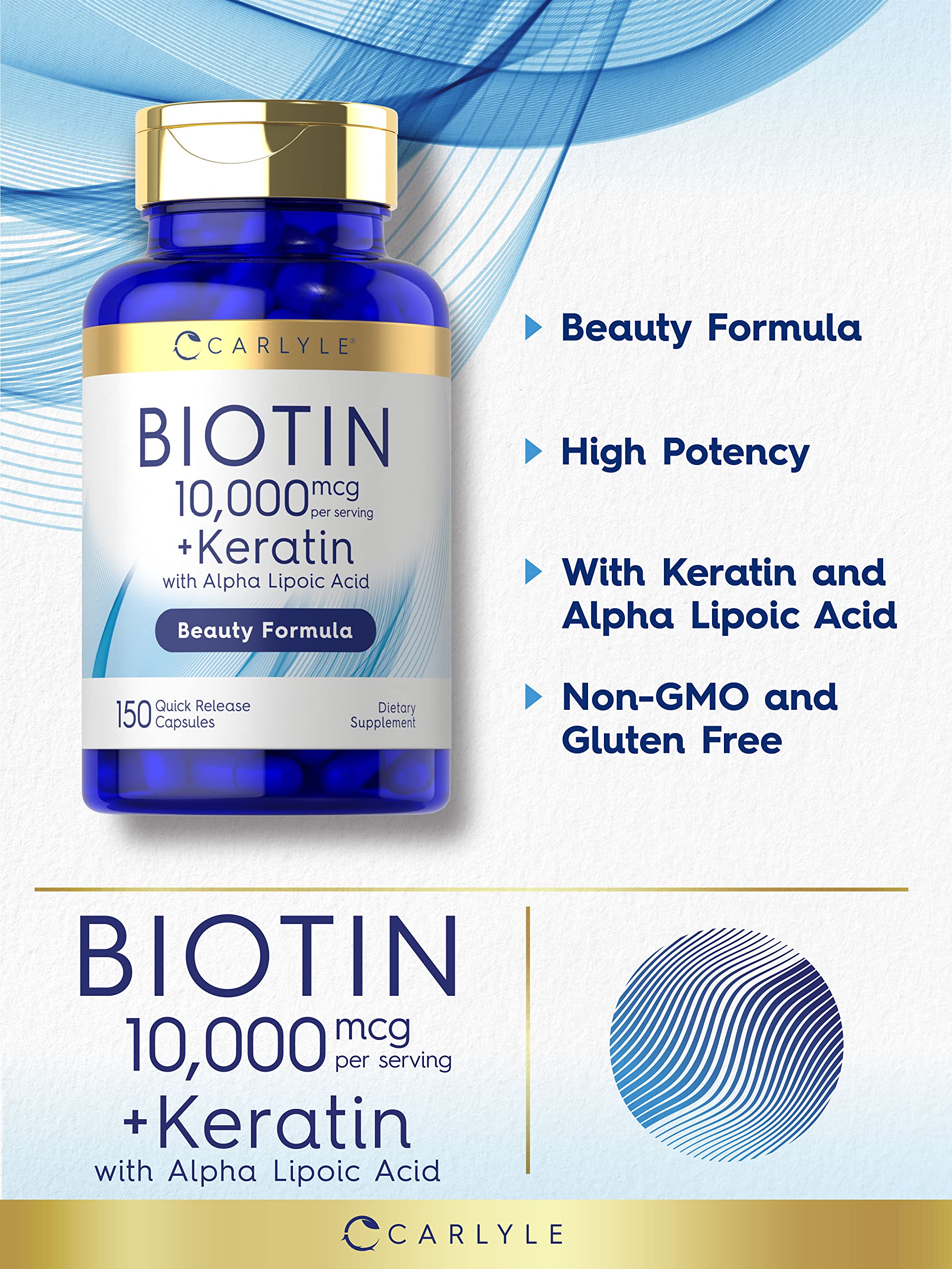 Carlyle Biotin 10000mcg | 150 Caps | Keratin Beauty Formula | Non-GMO