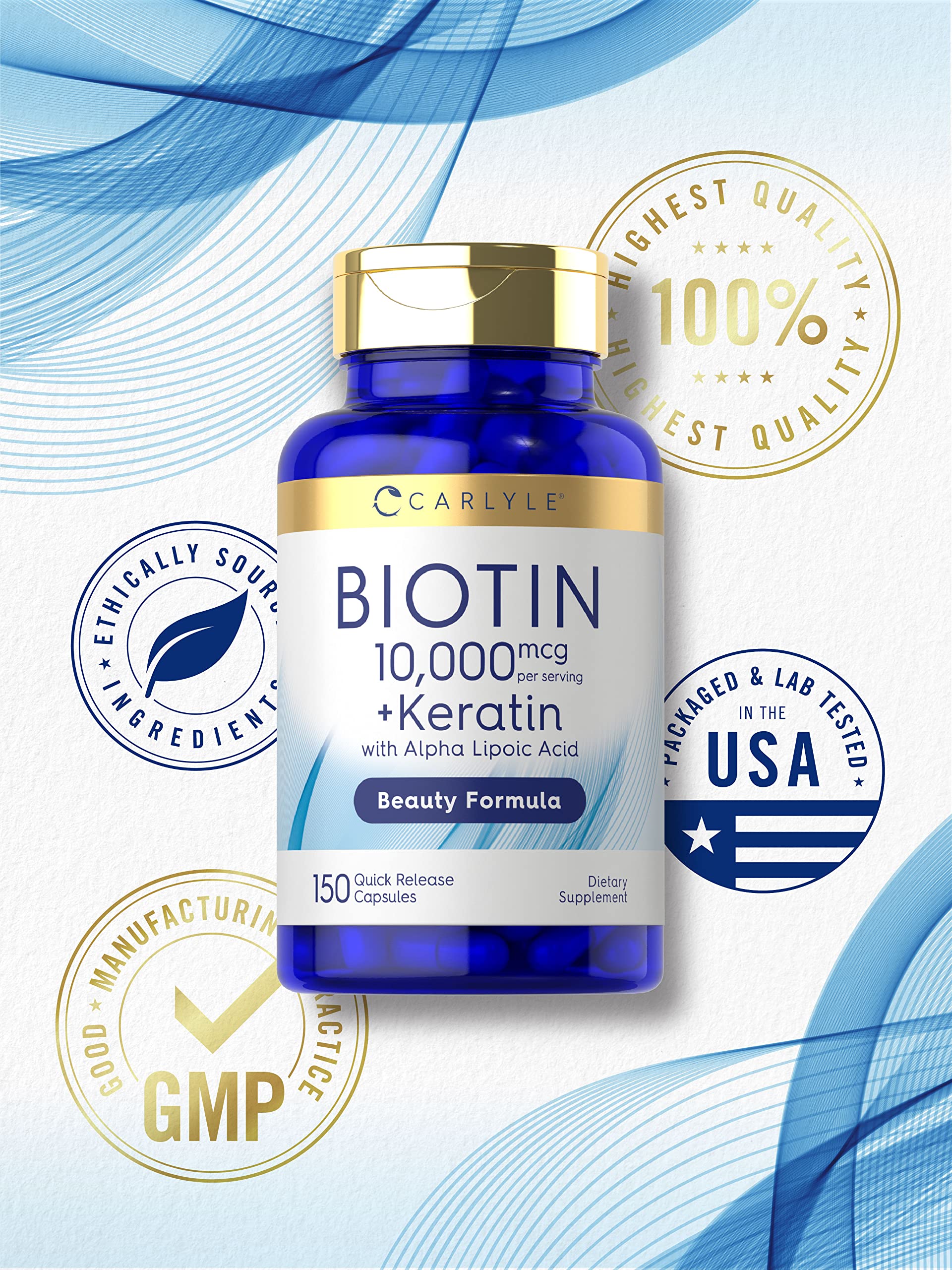 Carlyle Biotin 10000mcg | 150 Caps | Keratin Beauty Formula | Non-GMO