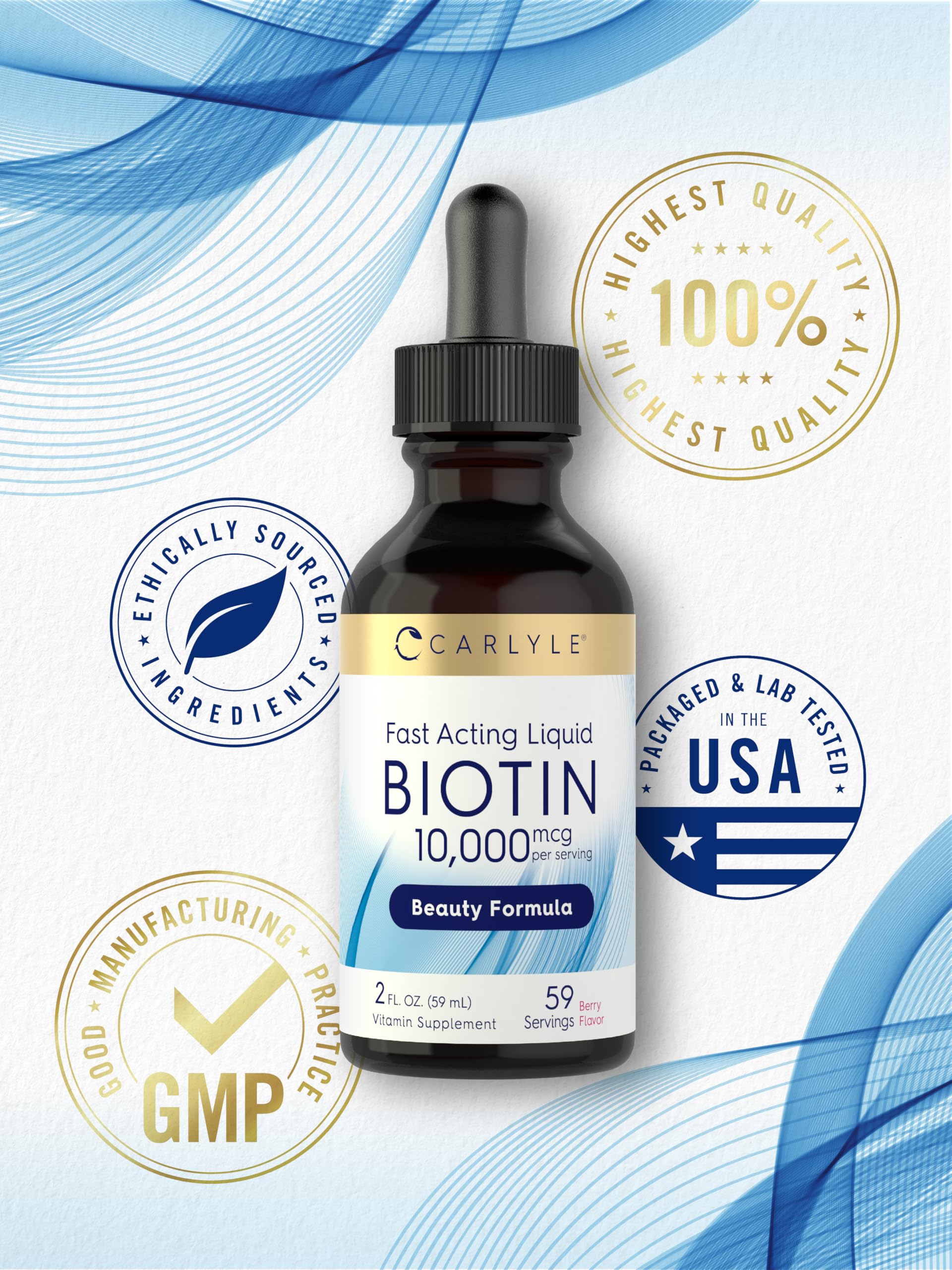 Carlyle Liquid Biotin 10000mcg | 2 oz | Extra Strength Drops | Vegetarian, Non-GMO, Gluten Free Supplement