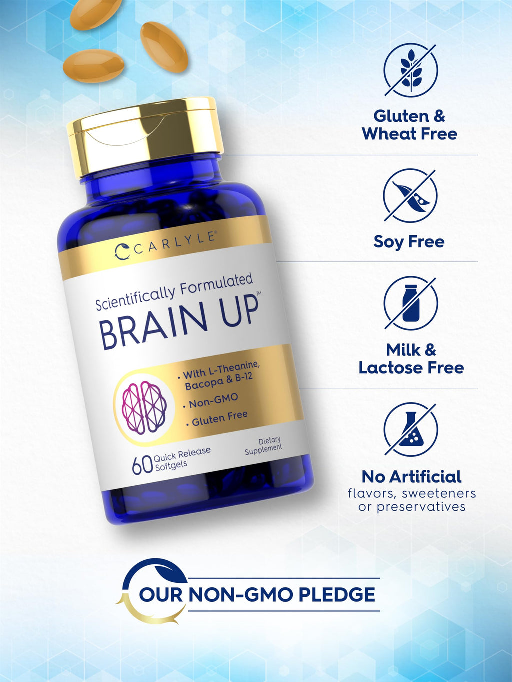 Carlyle Brain Up – 60 Softgels | L-Theanine, Bacopa & B-12 | Non-GMO, Gluten Free
