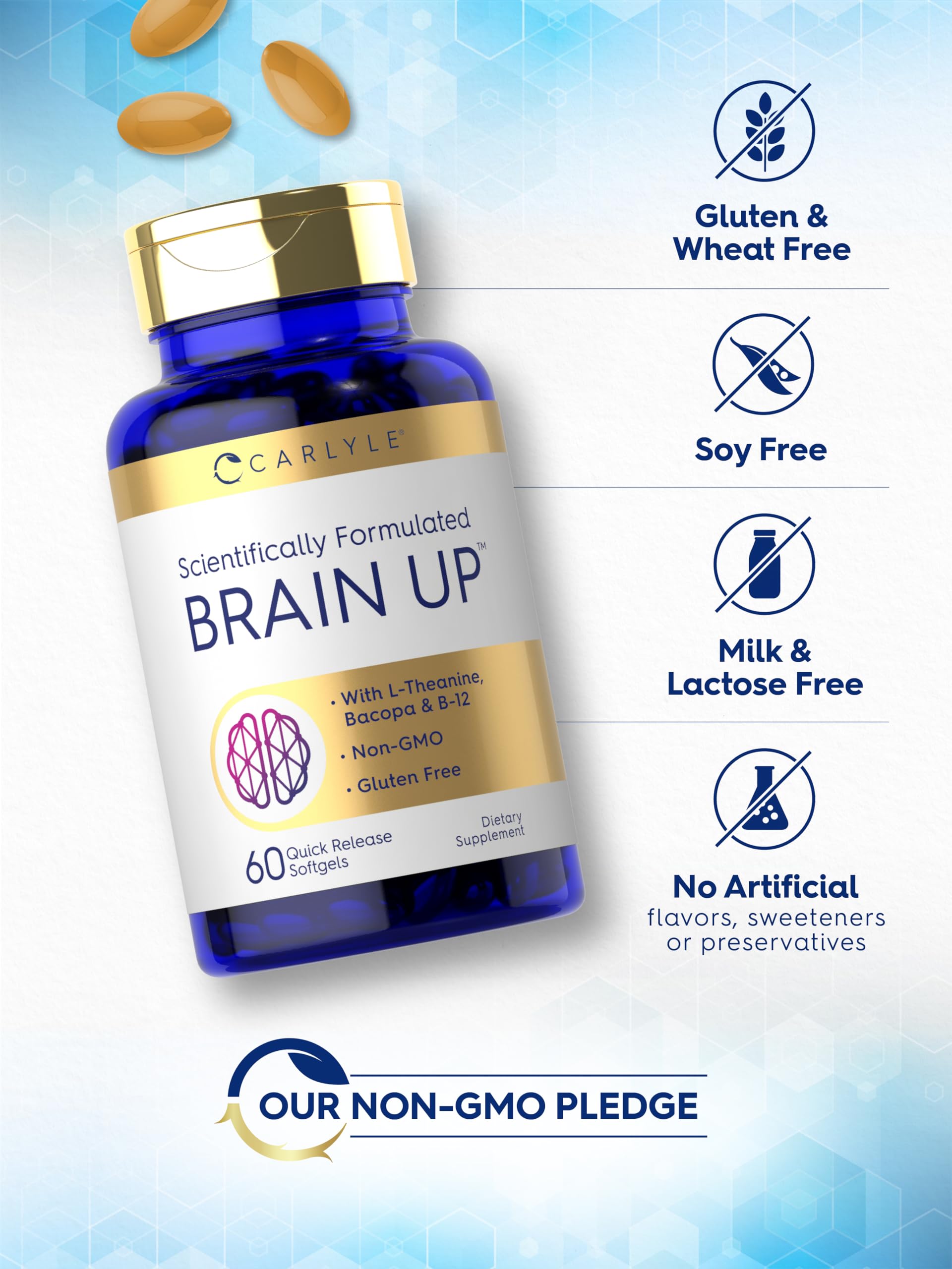 Carlyle Brain Up – 60 Softgels | L-Theanine, Bacopa & B-12 | Non-GMO, Gluten Free