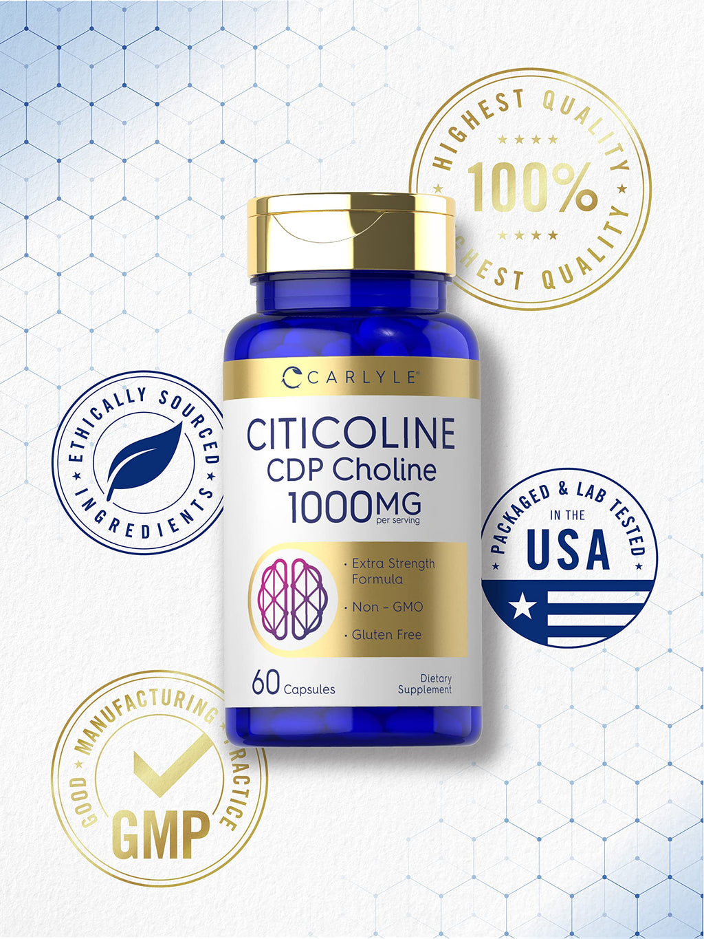 Carlyle Citicoline CDP Choline 1000mg - 60 Capsules | Non-GMO, Gluten Free