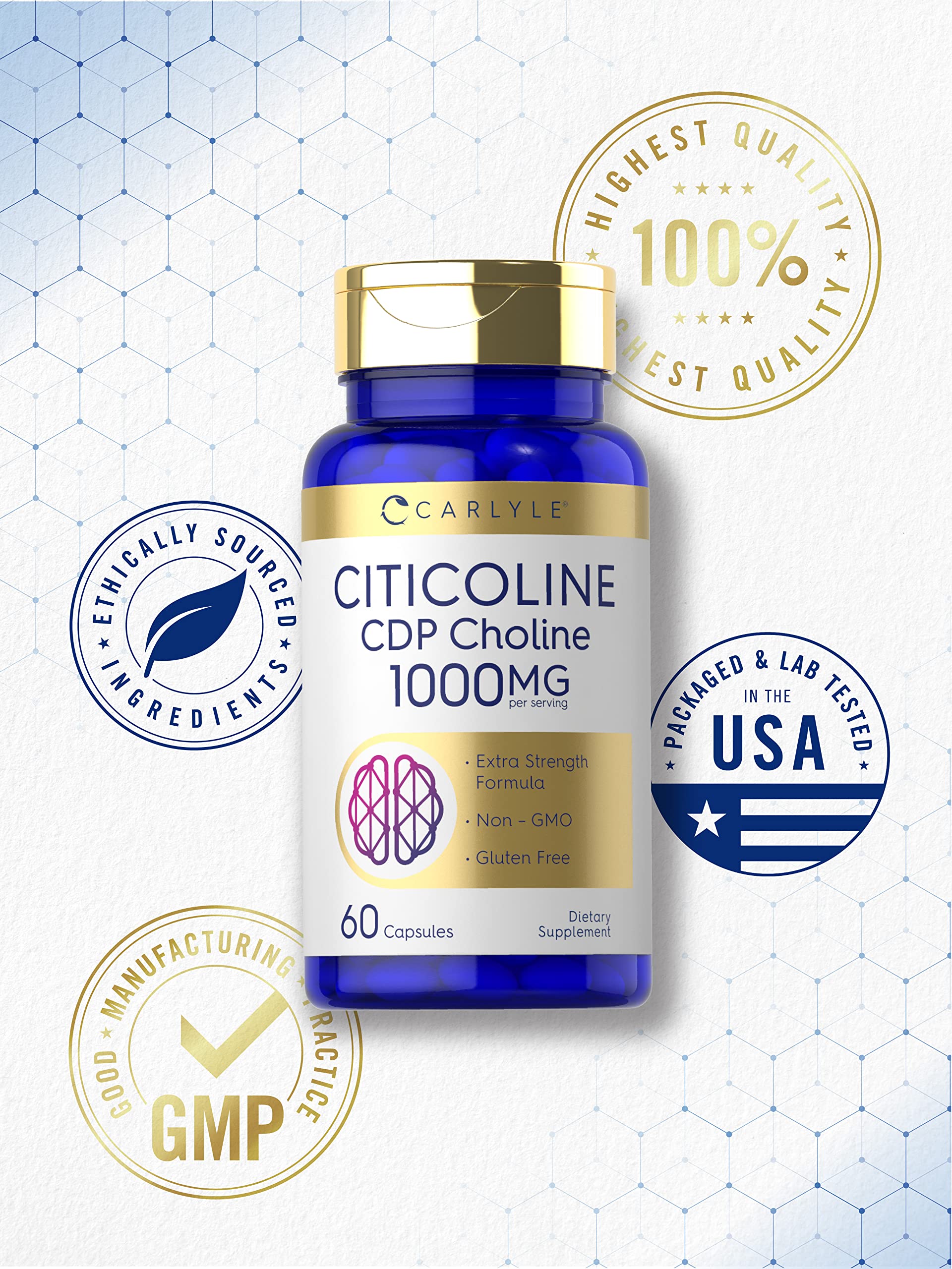 Carlyle Citicoline CDP Choline 1000mg - 60 Capsules | Non-GMO, Gluten Free