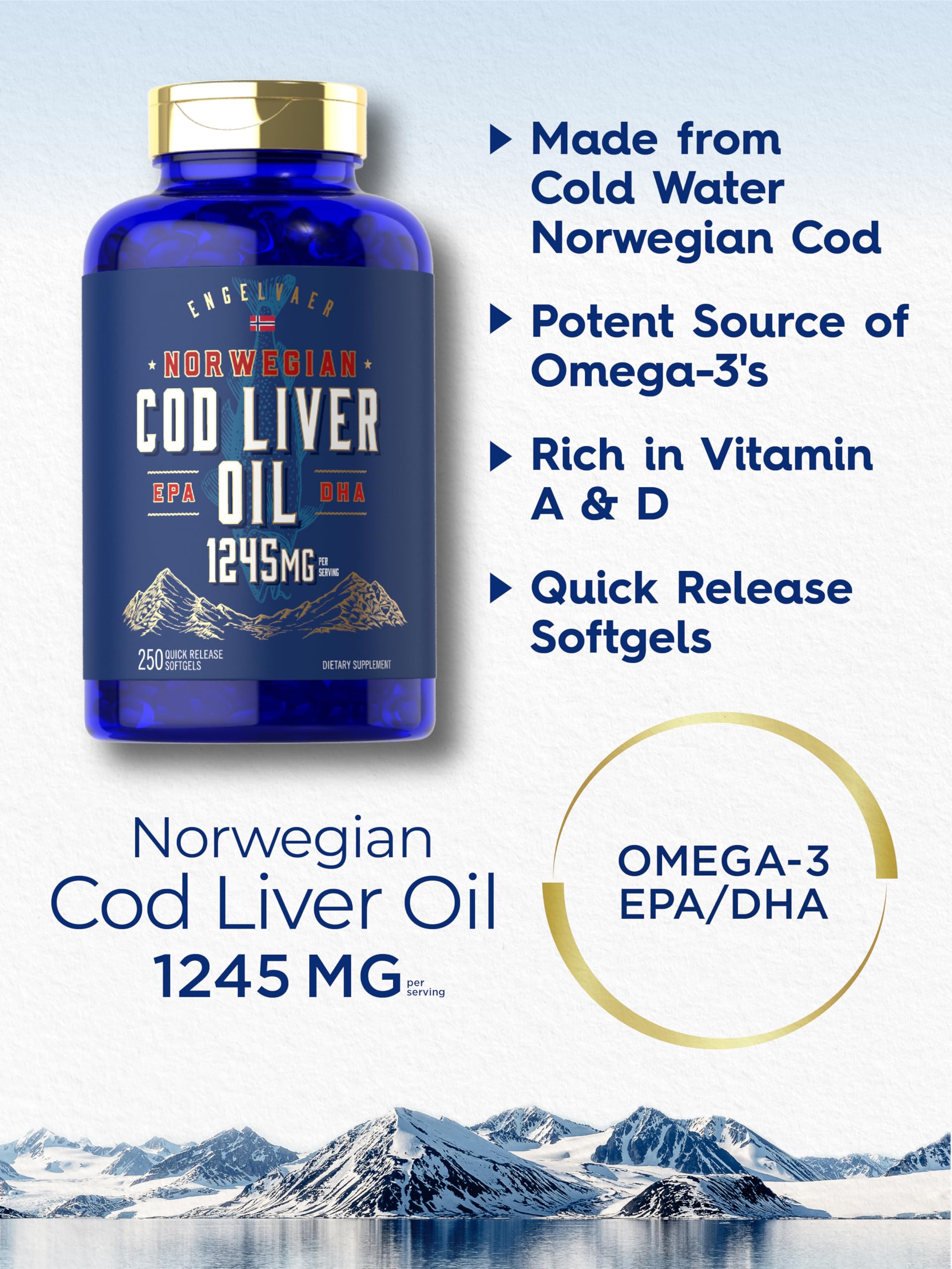 Carlyle Cod Liver Oil Softgels 1245mg – 250 Count – Norwegian, Non-GMO, Gluten Free