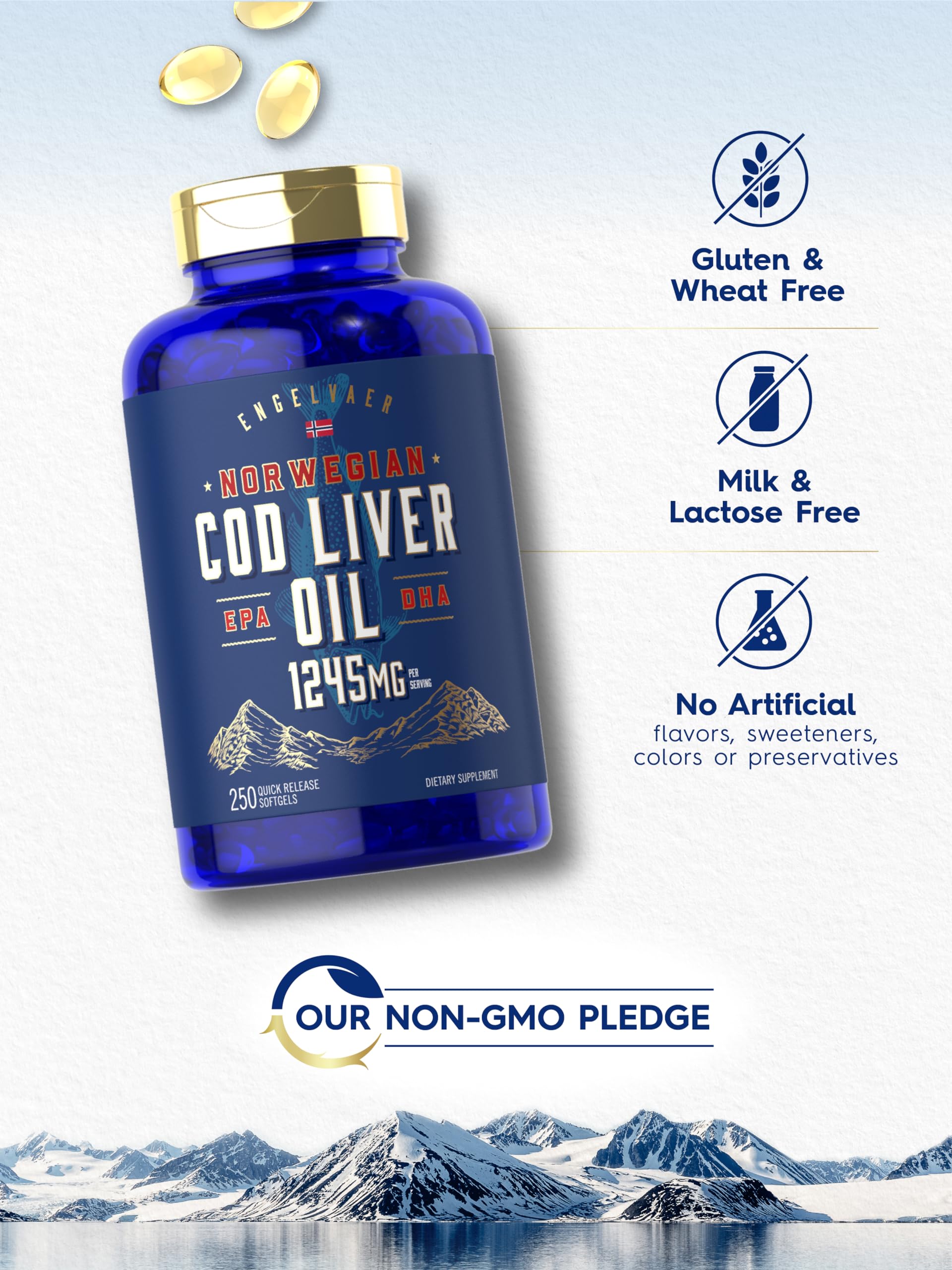 Carlyle Cod Liver Oil Softgels 1245mg – 250 Count – Norwegian, Non-GMO, Gluten Free