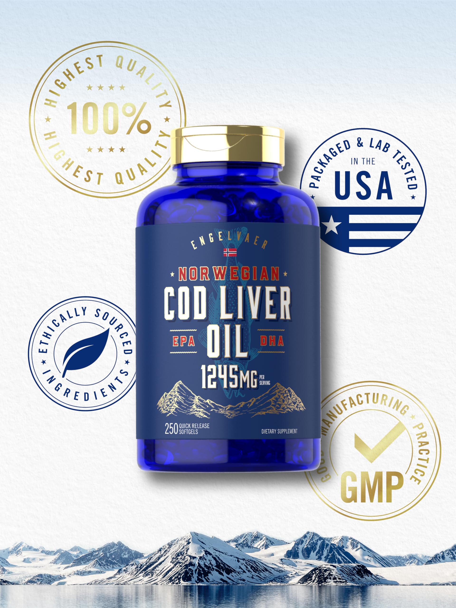 Carlyle Cod Liver Oil Softgels 1245mg – 250 Count – Norwegian, Non-GMO, Gluten Free