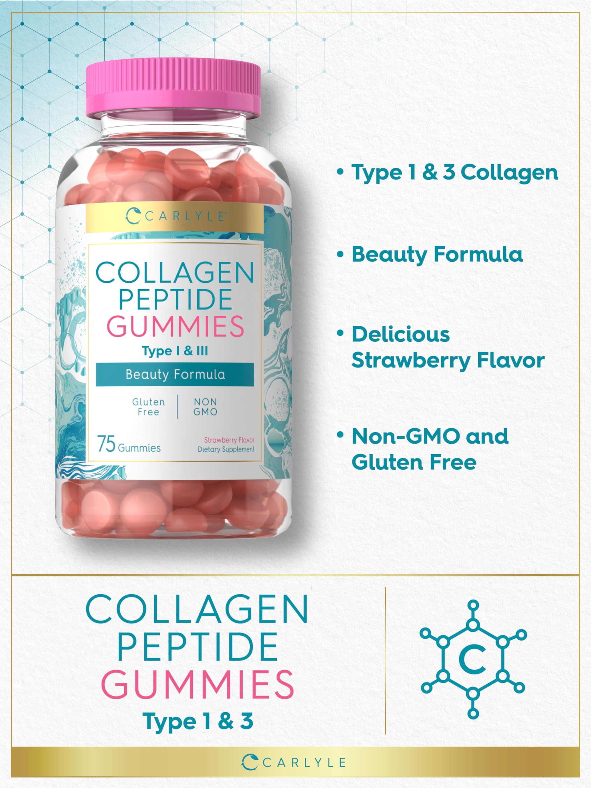 Carlyle Collagen Gummies – Strawberry Beauty Supplement with Type 1 & 3 Hydrolyzed Collagen | Non-GMO & Gluten Free