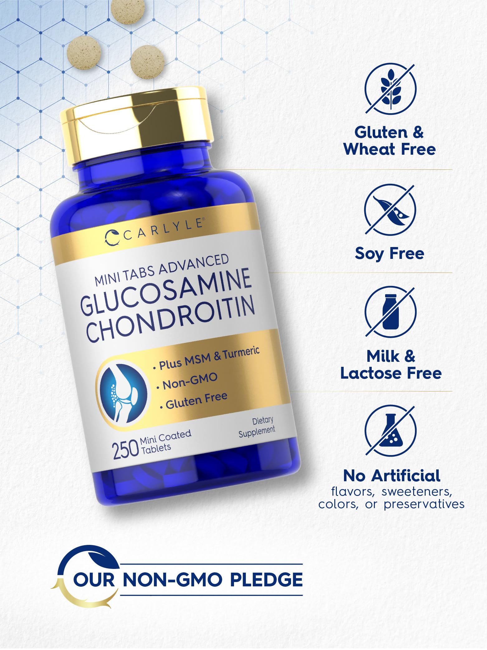 Carlyle Glucosamine Chondroitin MSM 250 Mini Tablets – Advanced Turmeric Formula