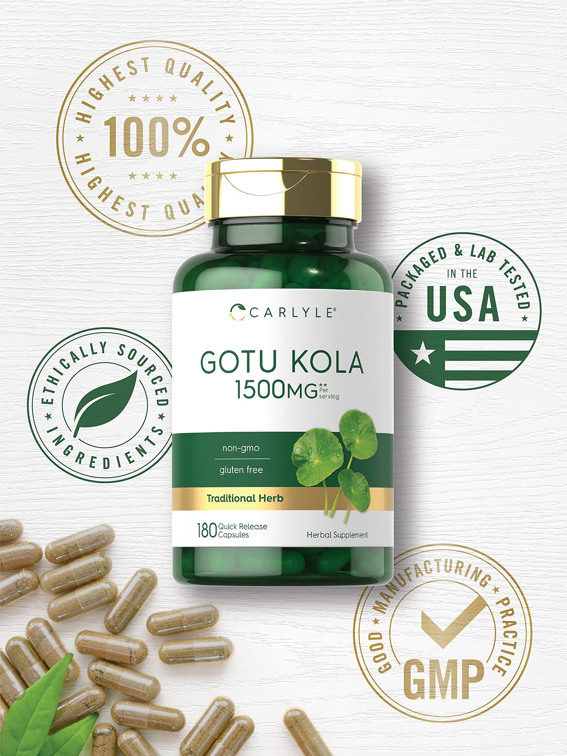 Carlyle Gotu Kola Capsules 1500mg - 180 Count | Non-GMO & Gluten Free