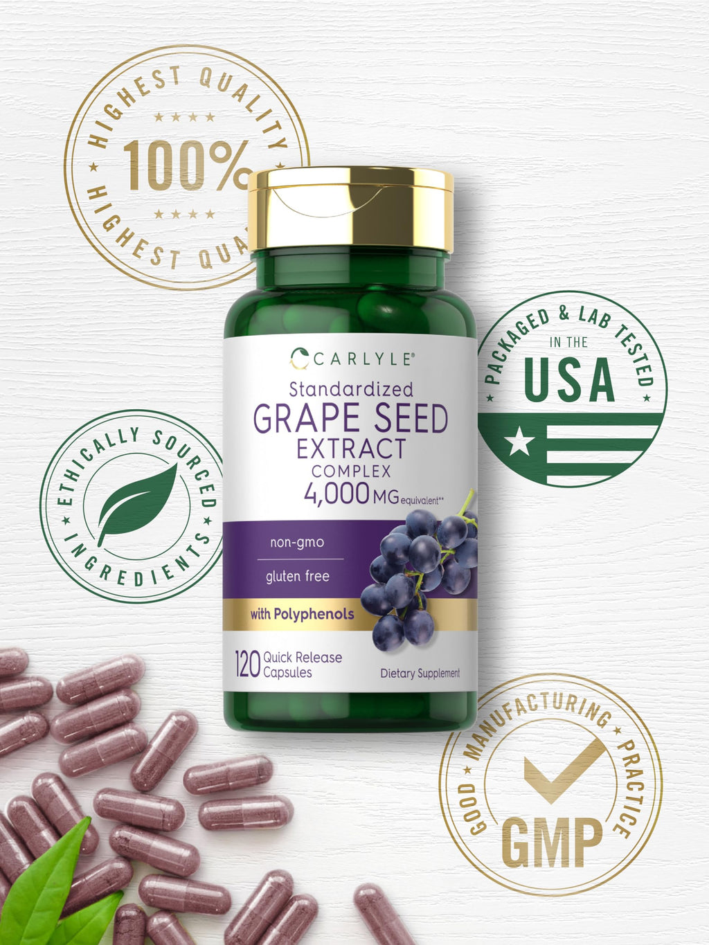Carlyle Grape Seed Extract 4,000mg | 120 Quick Release Capsules | Polyphenol-Rich, Non-GMO & Gluten Free