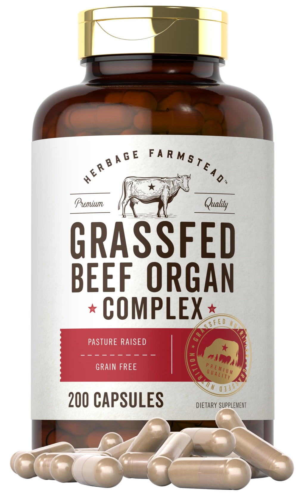 Carlyle Grass Fed Beef Organ Complex - 200 Capsules | Pasture Raised, Non-GMO | Herbage Farmstead
