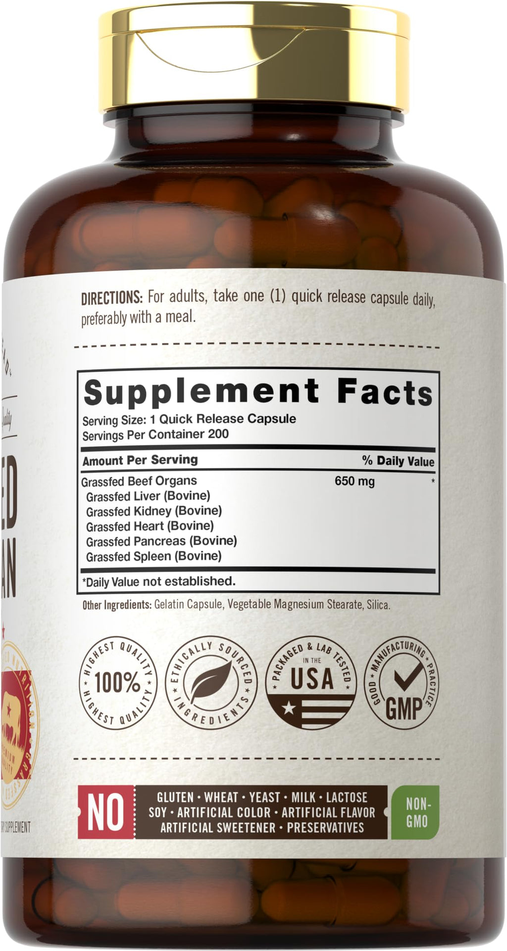 Carlyle Grass Fed Beef Organ Complex - 200 Capsules | Pasture Raised, Non-GMO | Herbage Farmstead