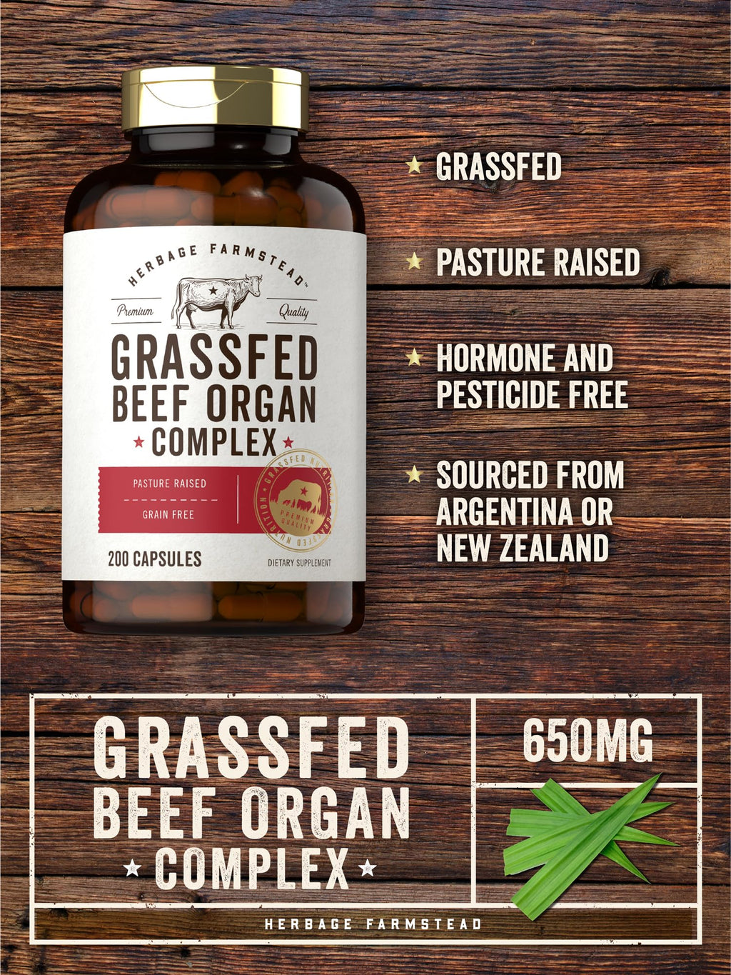 Carlyle Grass Fed Beef Organ Complex - 200 Capsules | Pasture Raised, Non-GMO | Herbage Farmstead