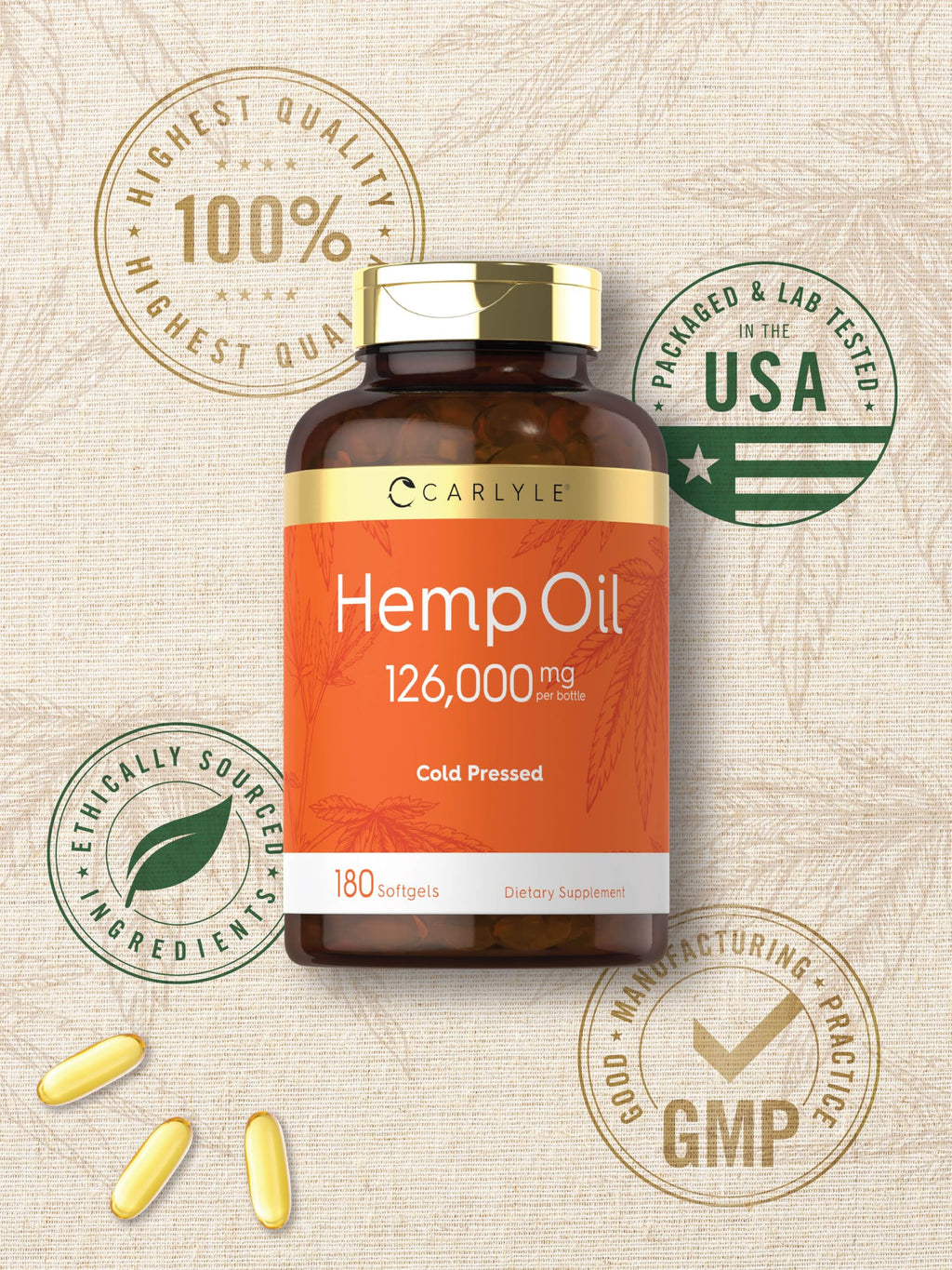 Carlyle Hemp Oil Capsules | 126,000 mg | 180 Softgels | Non-GMO, Gluten Free