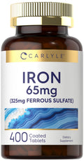 Carlyle Iron Ferrous Sulfate 65 mg | 400 Tablets | Non-GMO, Gluten Free, Vegetarian | High Potency