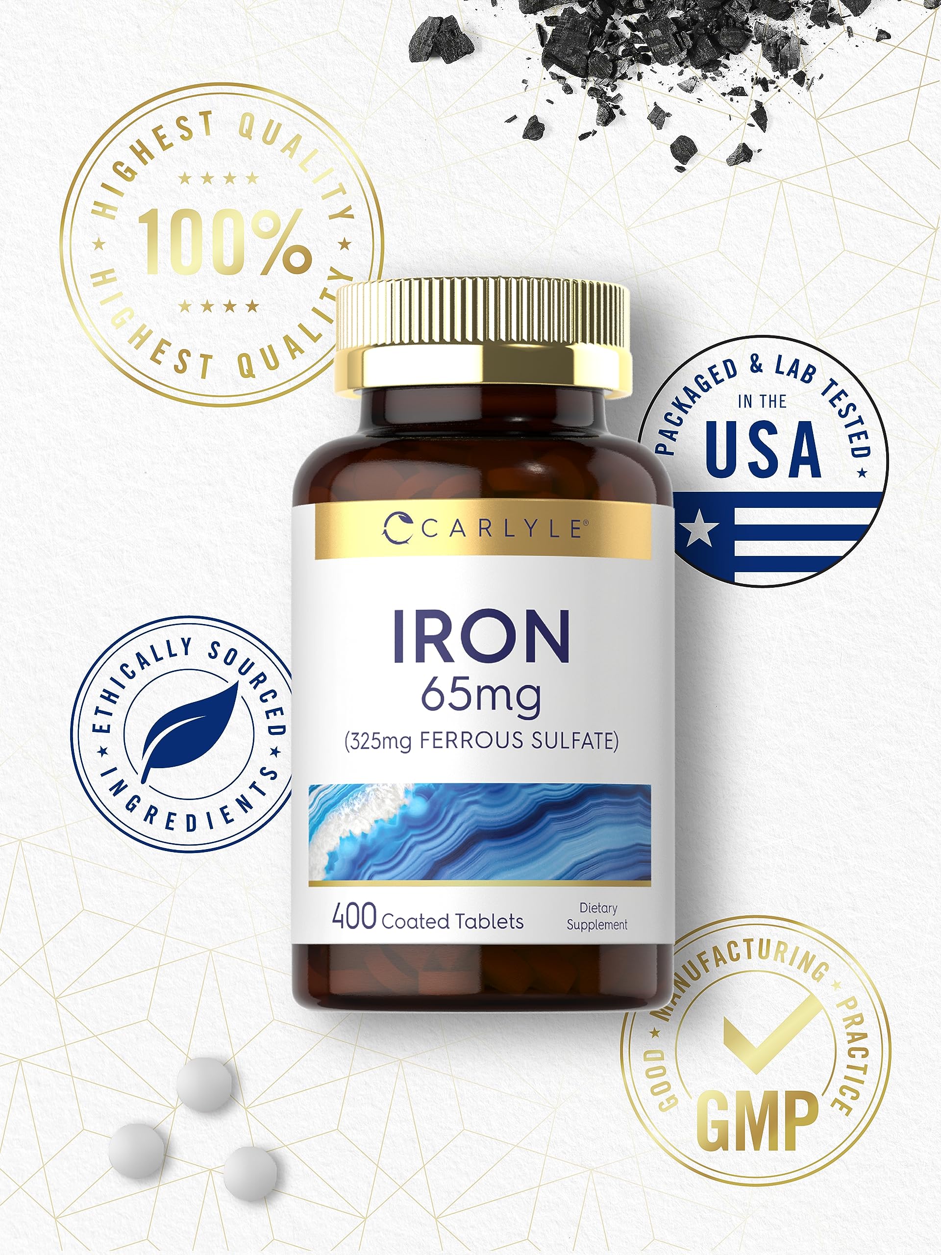 Carlyle Iron Ferrous Sulfate 65 mg | 400 Tablets | Non-GMO, Gluten Free, Vegetarian | High Potency