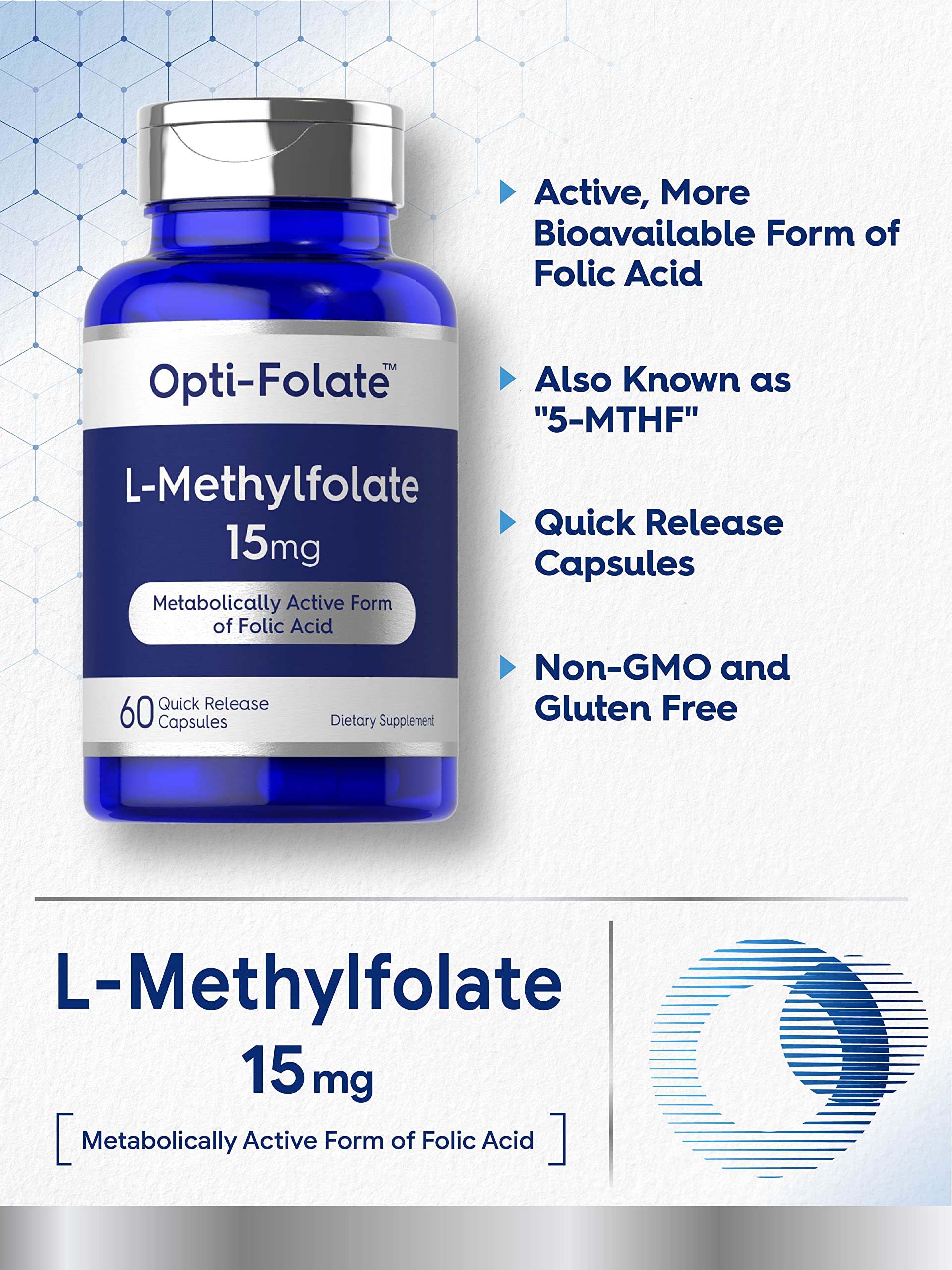 Carlyle L-Methylfolate 15mg | 60 Capsules | 5-MTHF Max Potency | Non-GMO & Gluten Free | Opti-Folate