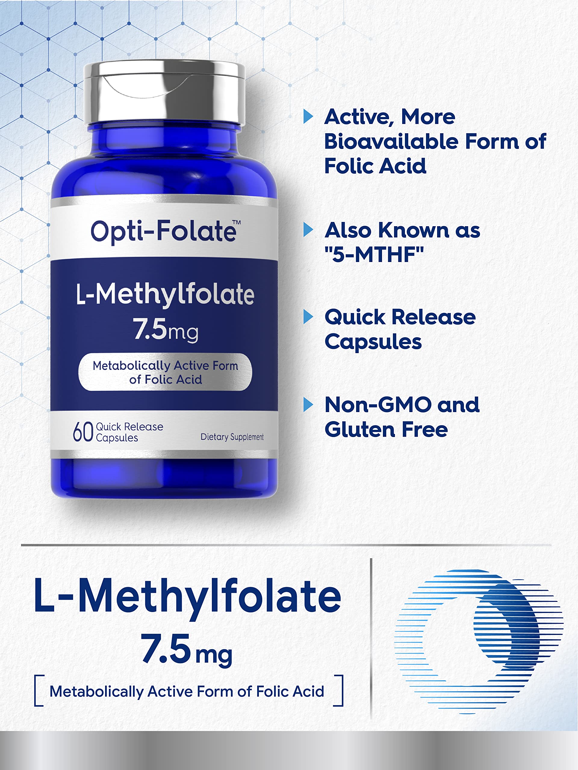 Carlyle L-Methylfolate 7.5 mg | 60 Capsules | Optimized & Activated | Non-GMO, Gluten Free | 5-MTHF Methyl Folate | Opti-Folate (Pack of 2)
