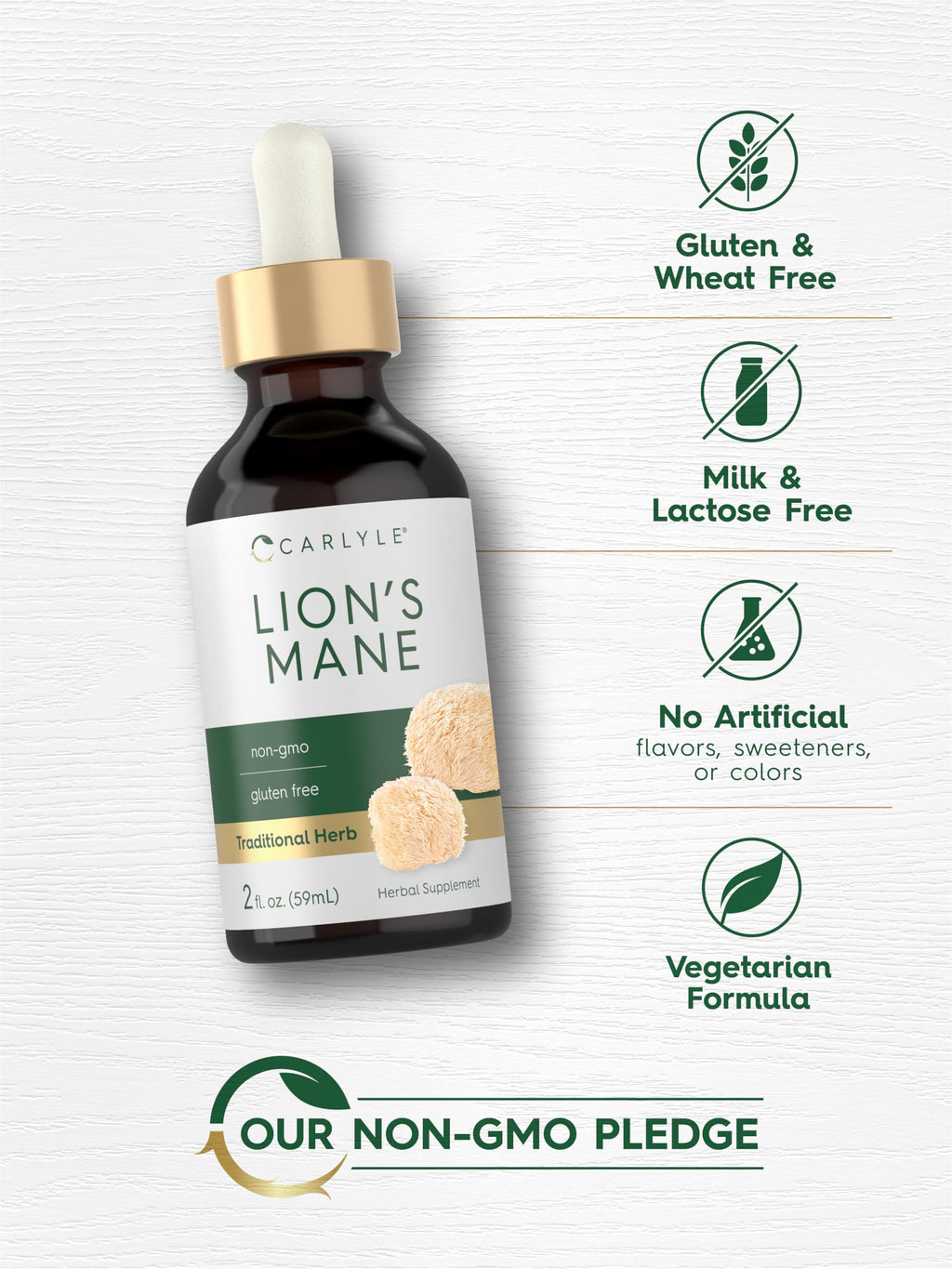 Carlyle Lions Mane Mushroom Supplement | 2 Fl Oz Liquid Extract Tincture | Vegetarian | Non-GMO & Gluten Free