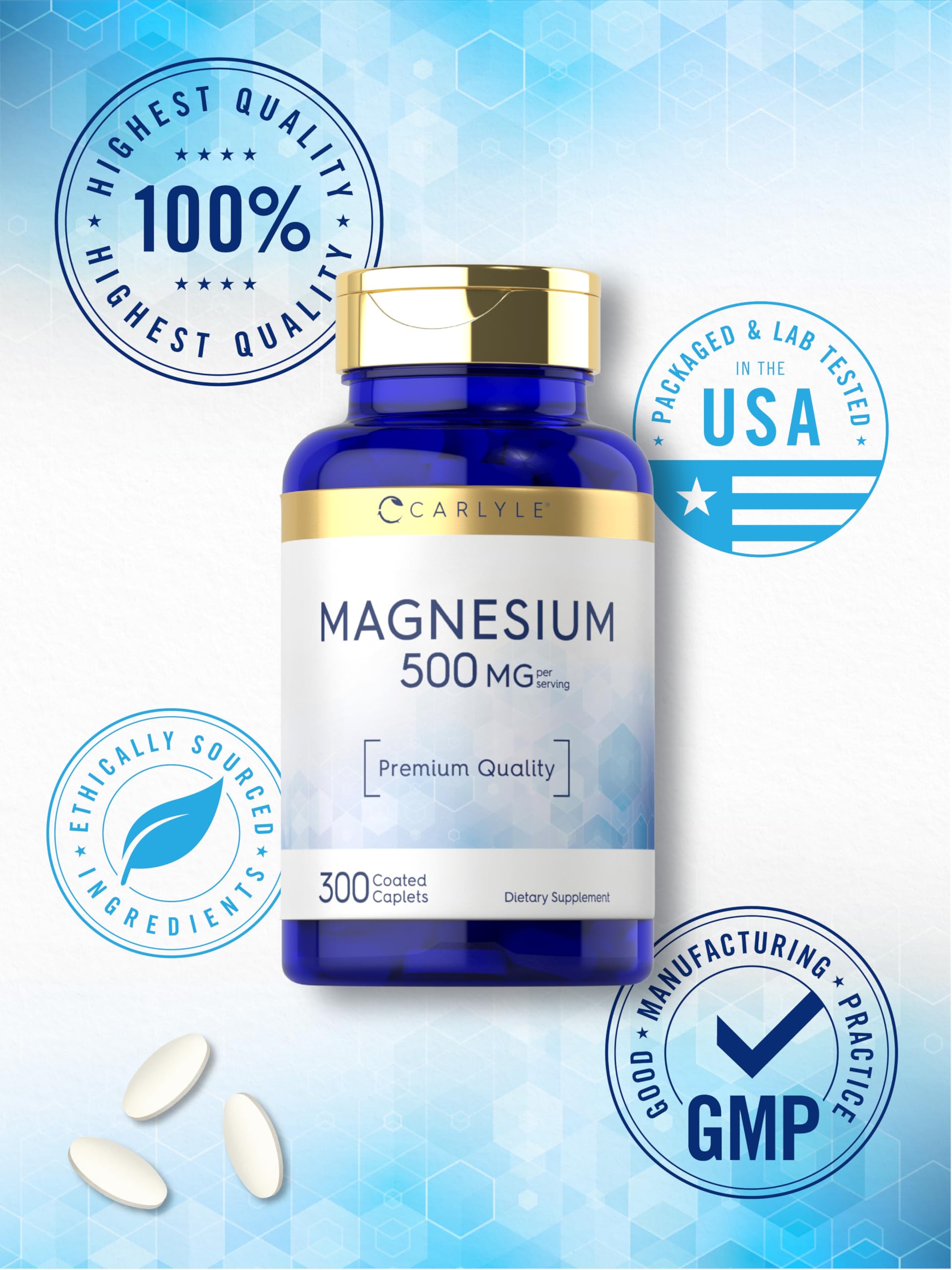 Carlyle Magnesium 500mg | 300 Coated Caplets | Vegetarian, Non-GMO, Gluten Free