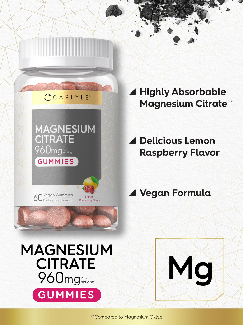 Carlyle Magnesium Citrate Gummies 960mg | Lemon Raspberry, 60 Count | Vegan, Non-GMO, Gluten Free