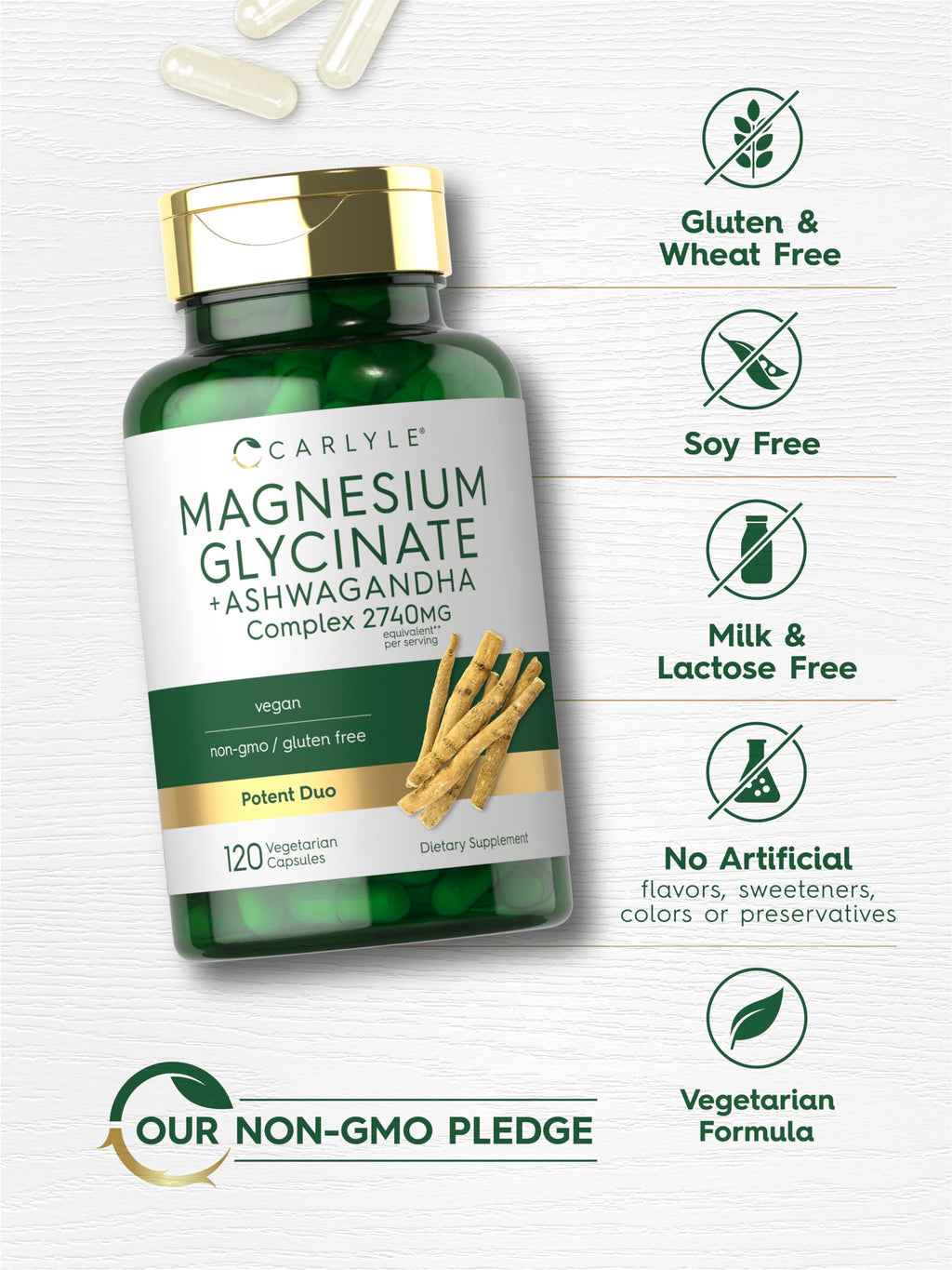 Carlyle Magnesium Glycinate with Ashwagandha | 2,740mg Complex | 120 Veg Capsules | Non-GMO & Gluten Free
